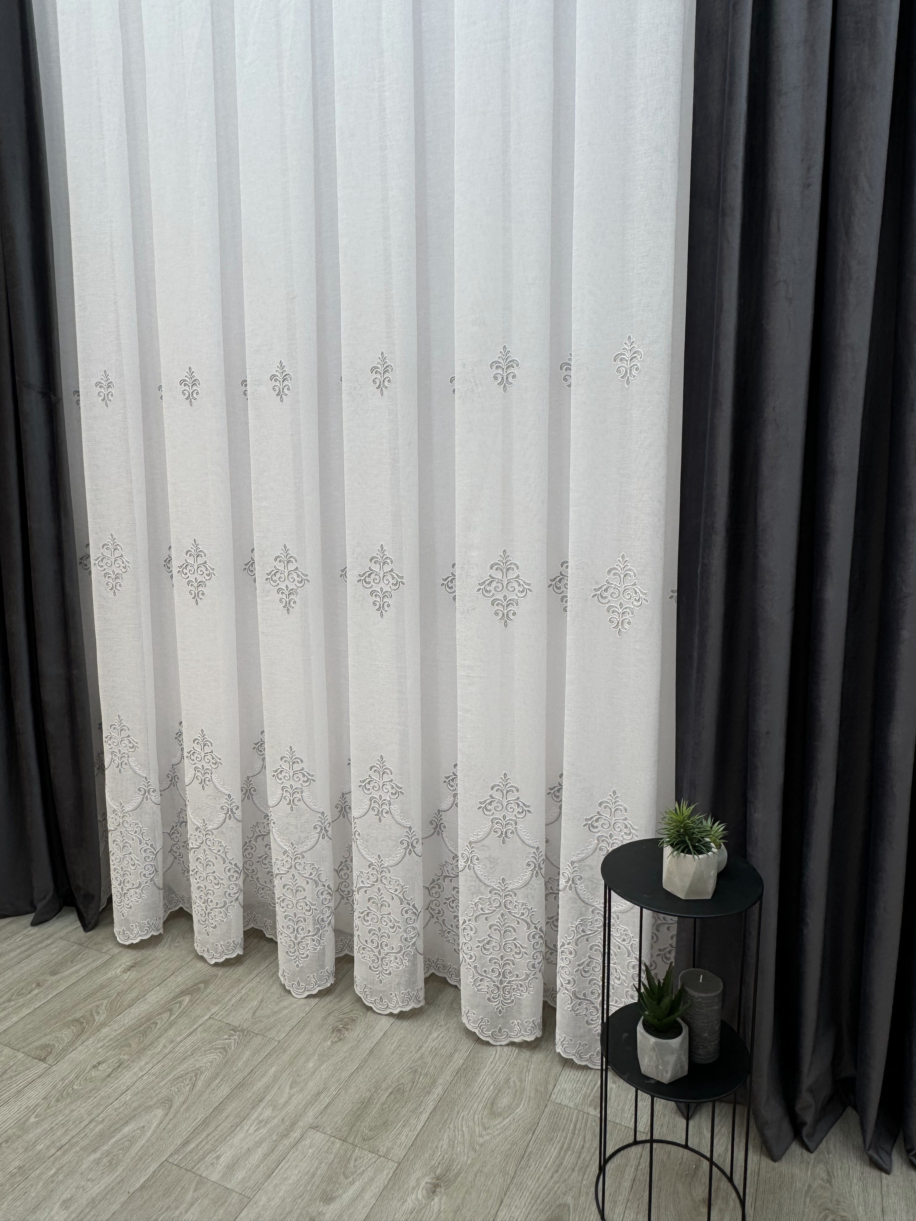 Linen sheer curtain with beautiful embroidery, gray color