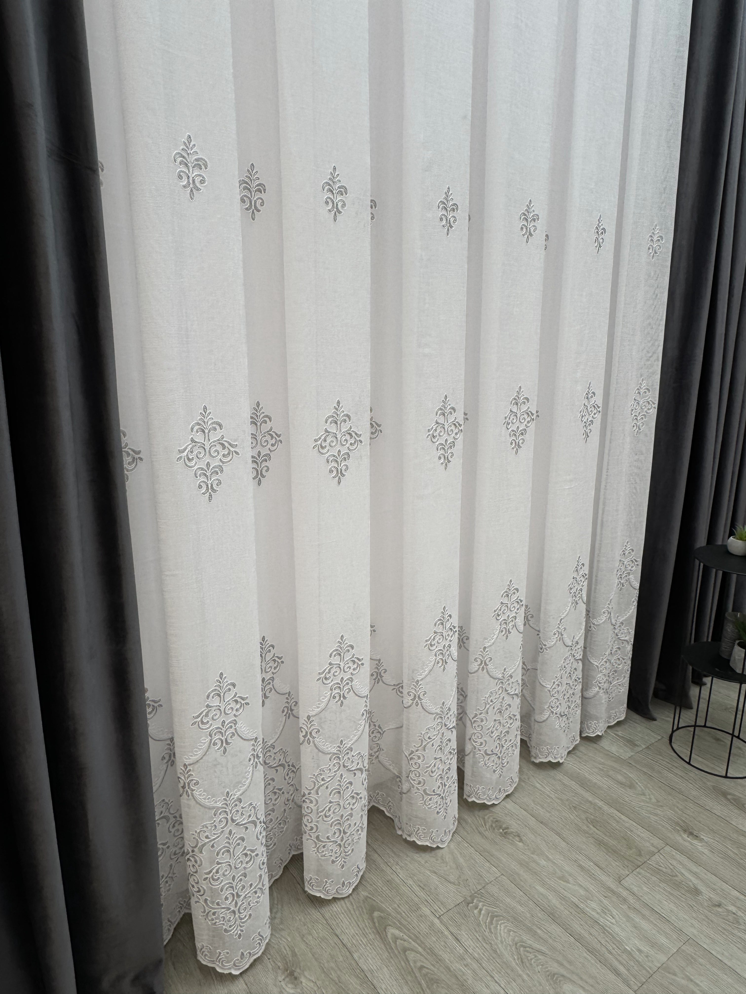 Linen sheer curtain with beautiful embroidery, gray color