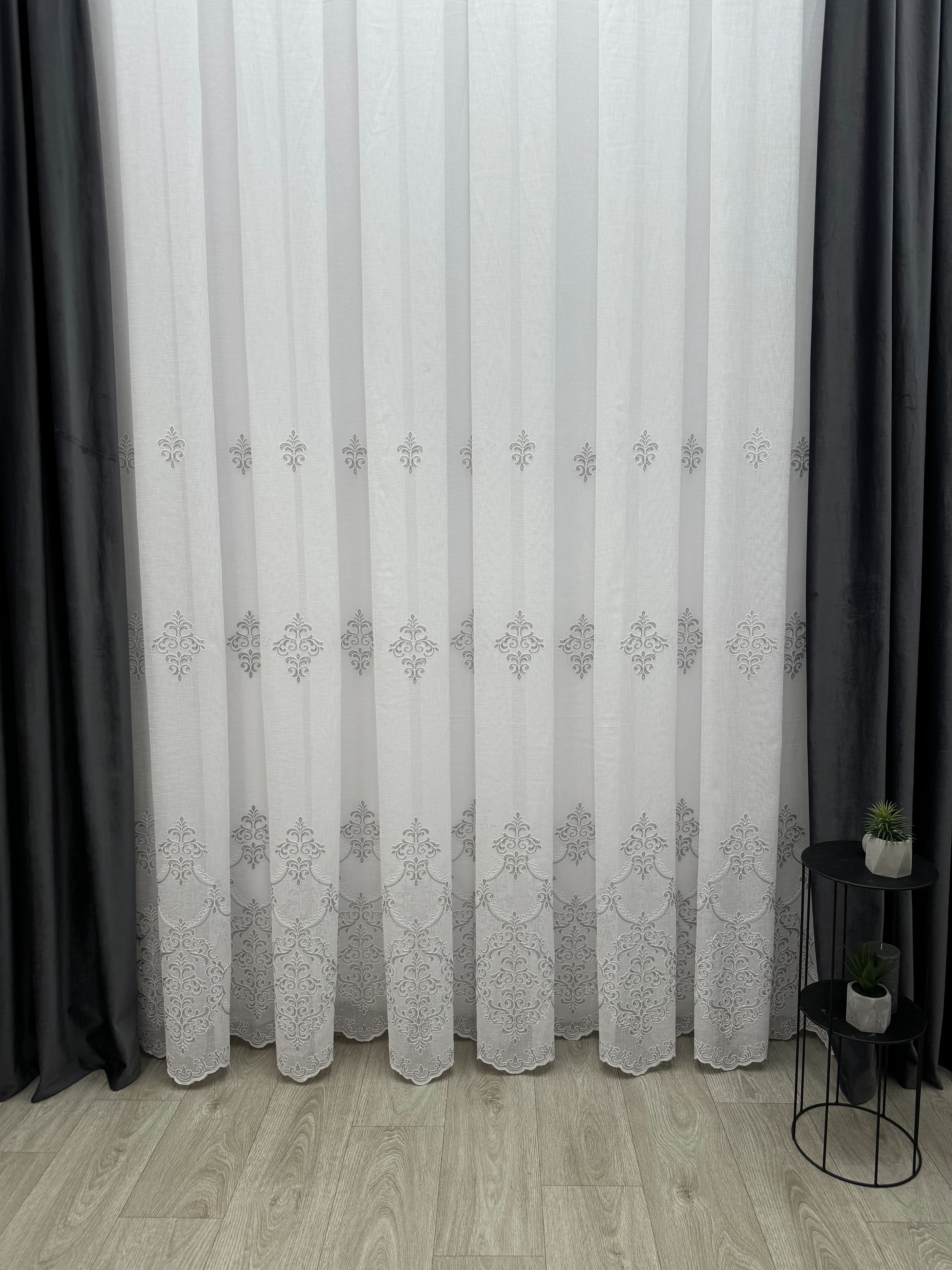 Linen sheer curtain with beautiful embroidery, gray color