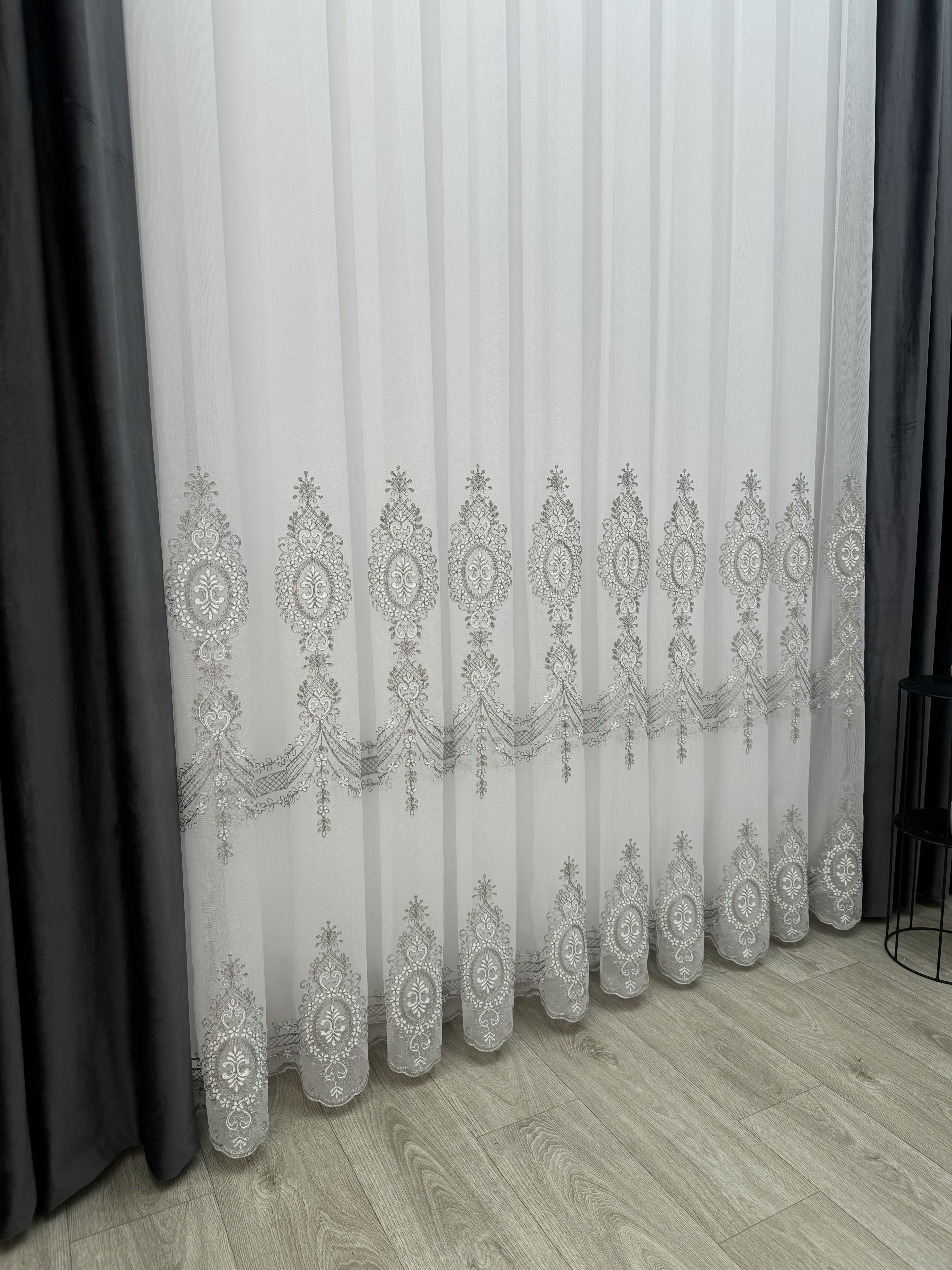 Sheer curtain with beautiful embroidery, gray color