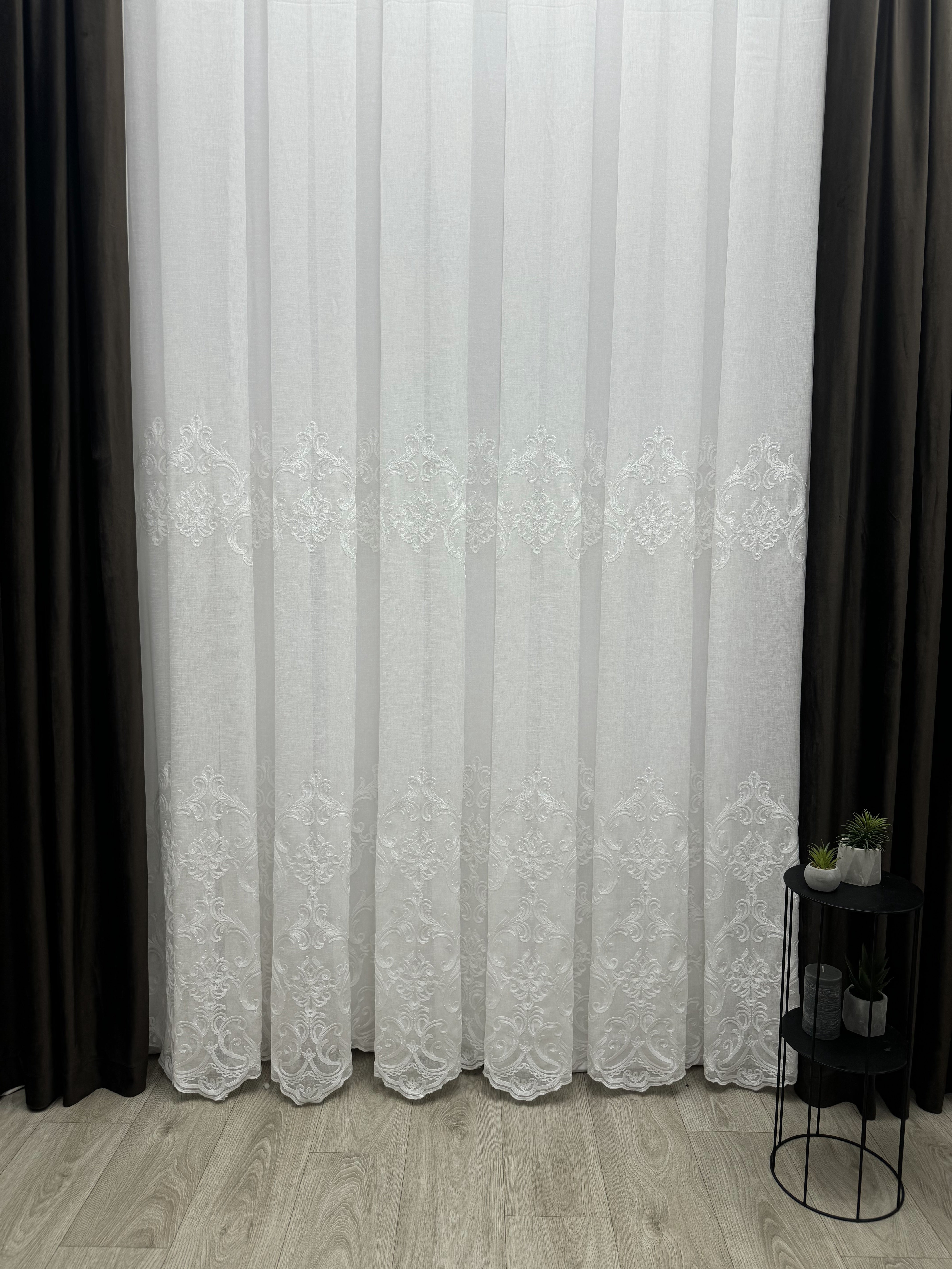 Linen sheer curtain with beautiful embroidery, milk color