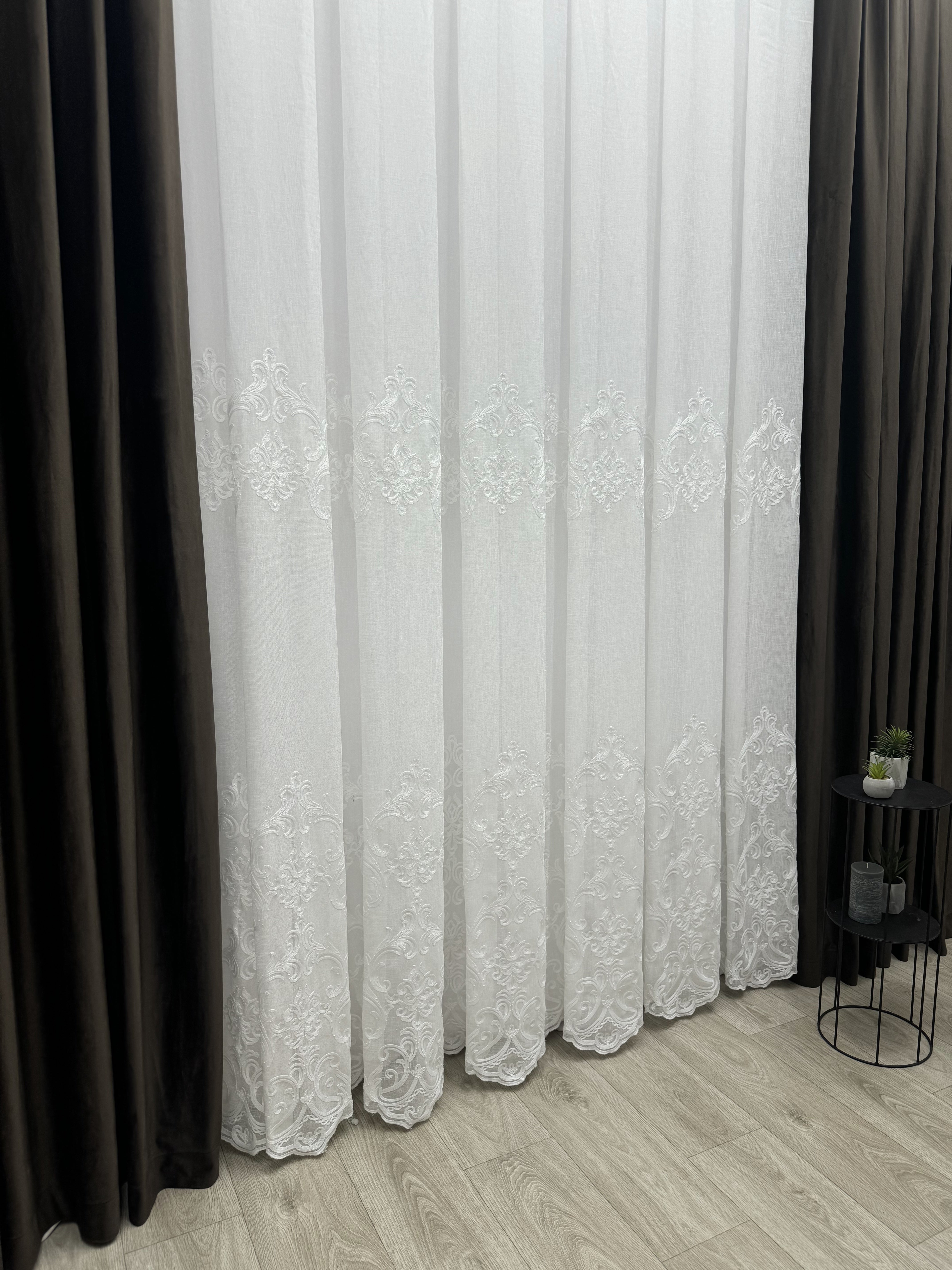 Linen sheer curtain with beautiful embroidery, milk color