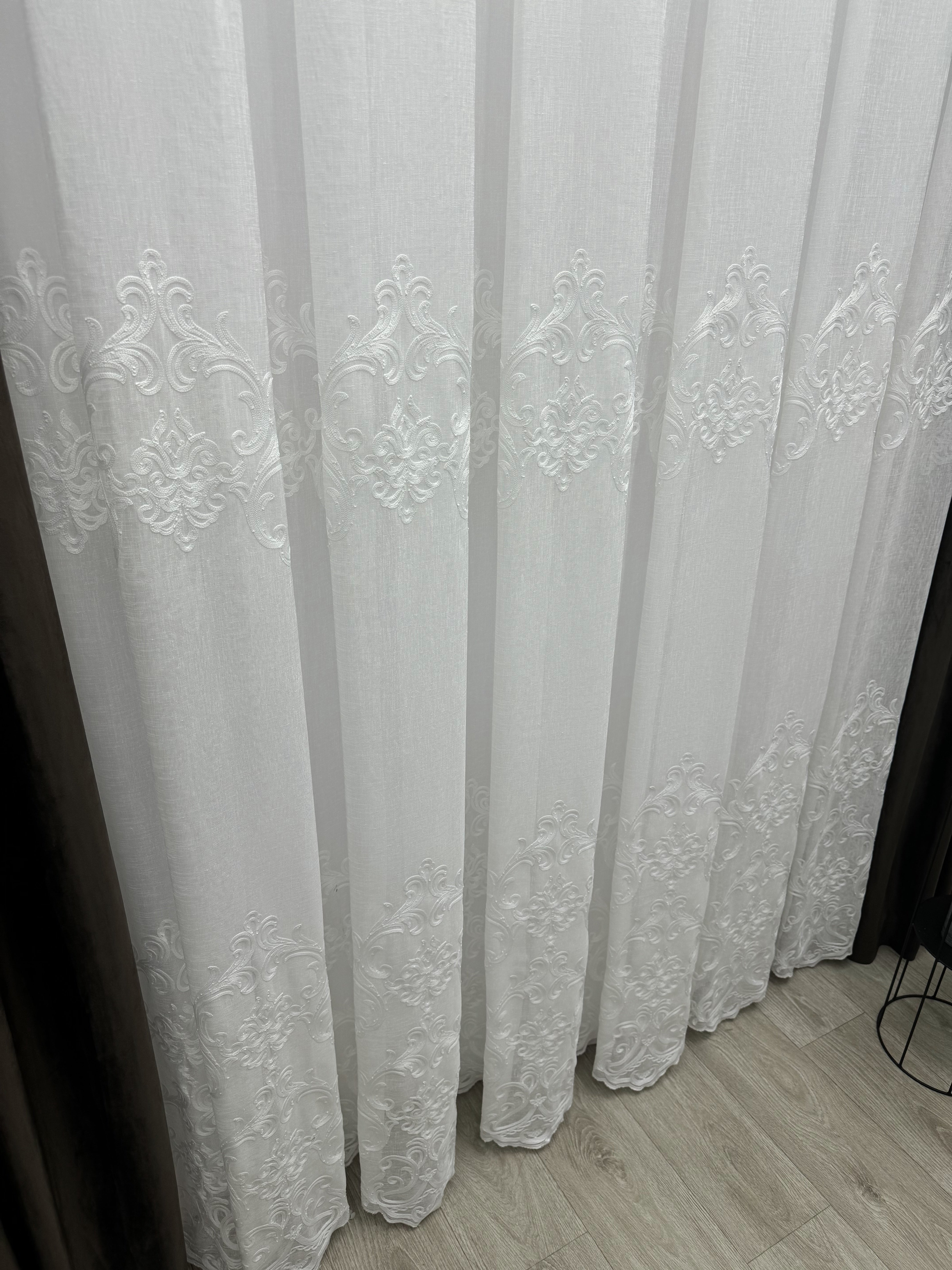 Linen sheer curtain with beautiful embroidery, milk color