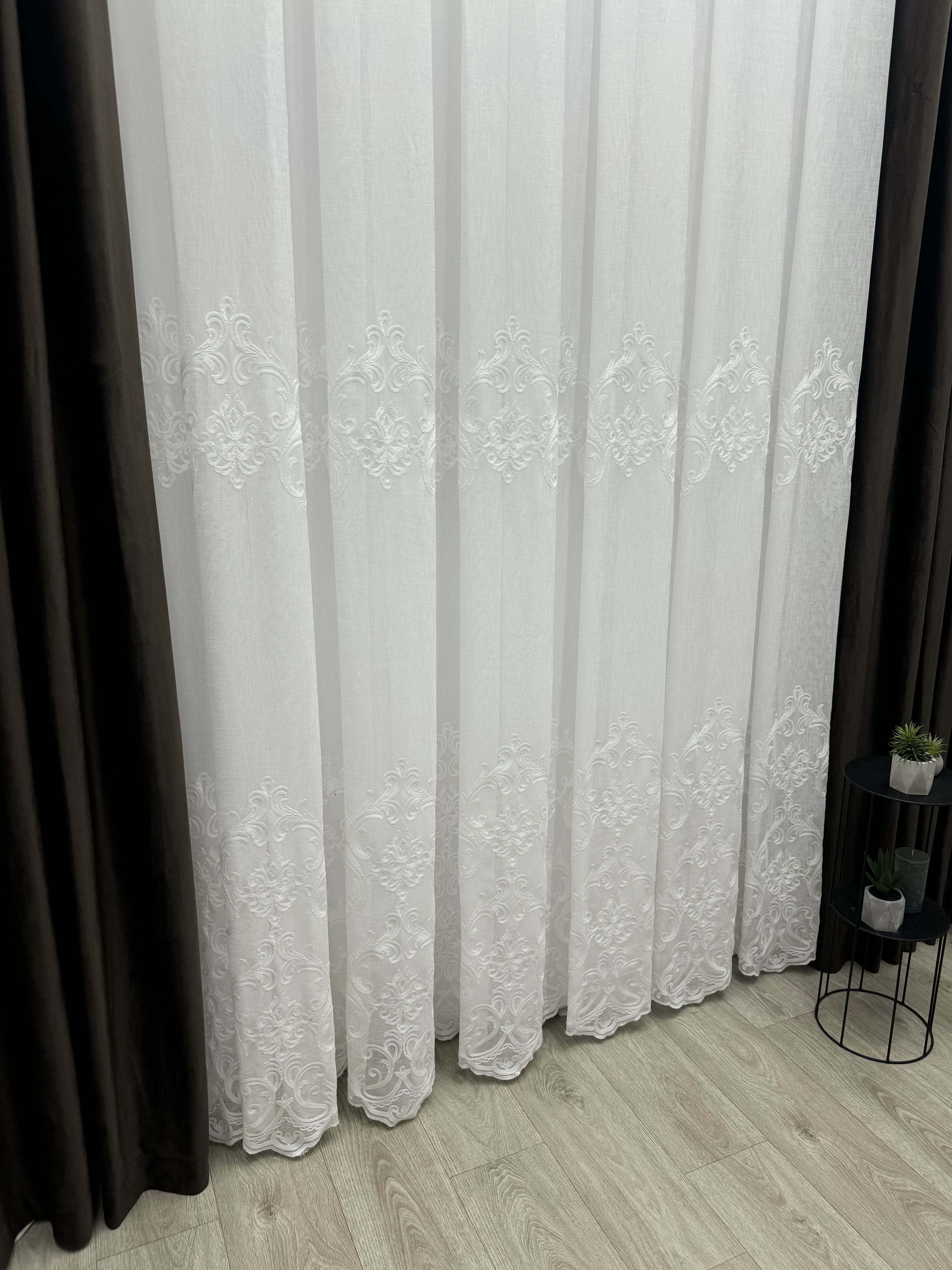 Linen sheer curtain with beautiful embroidery, milk color