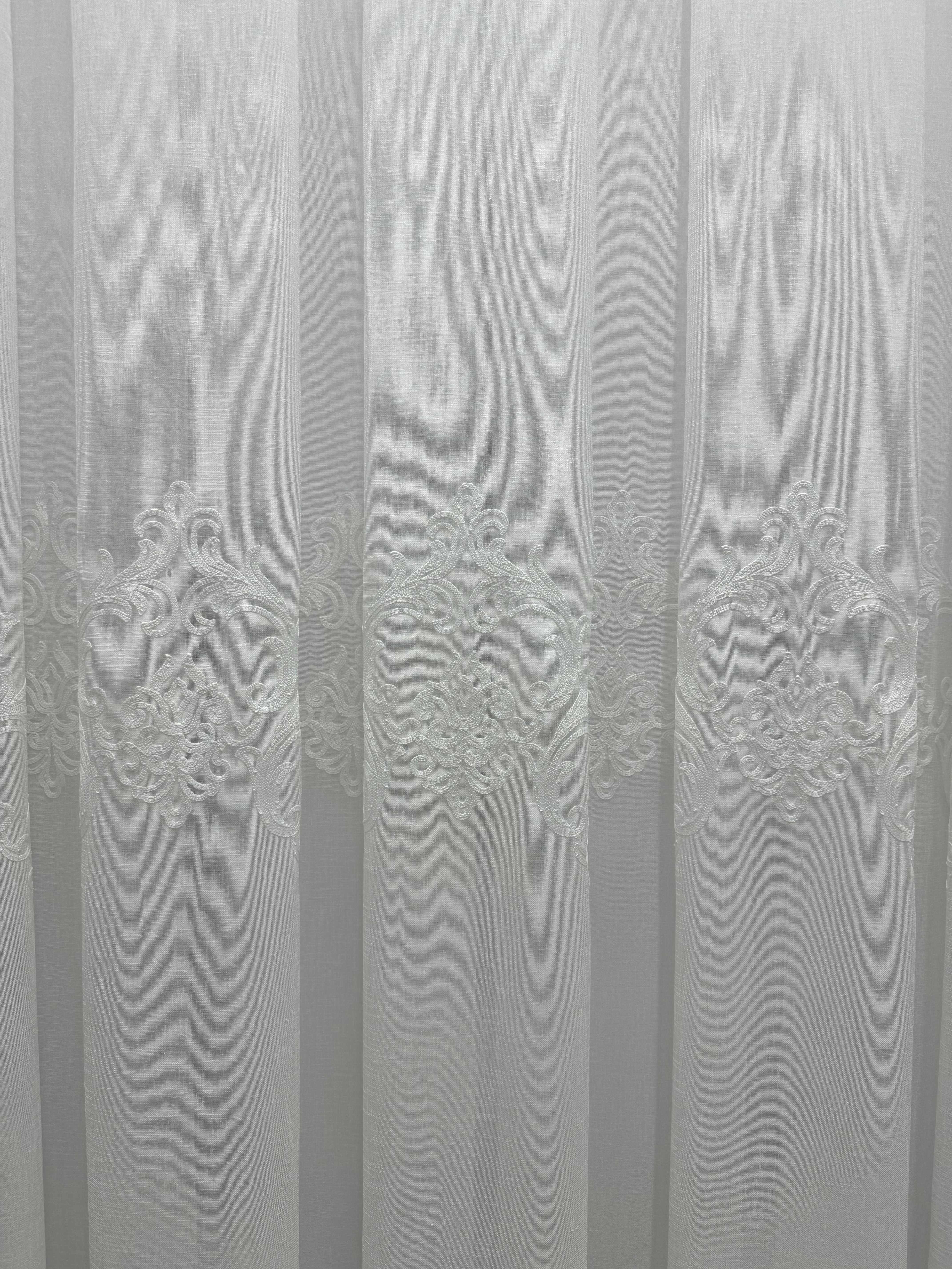 Linen sheer curtain with beautiful embroidery, milk color