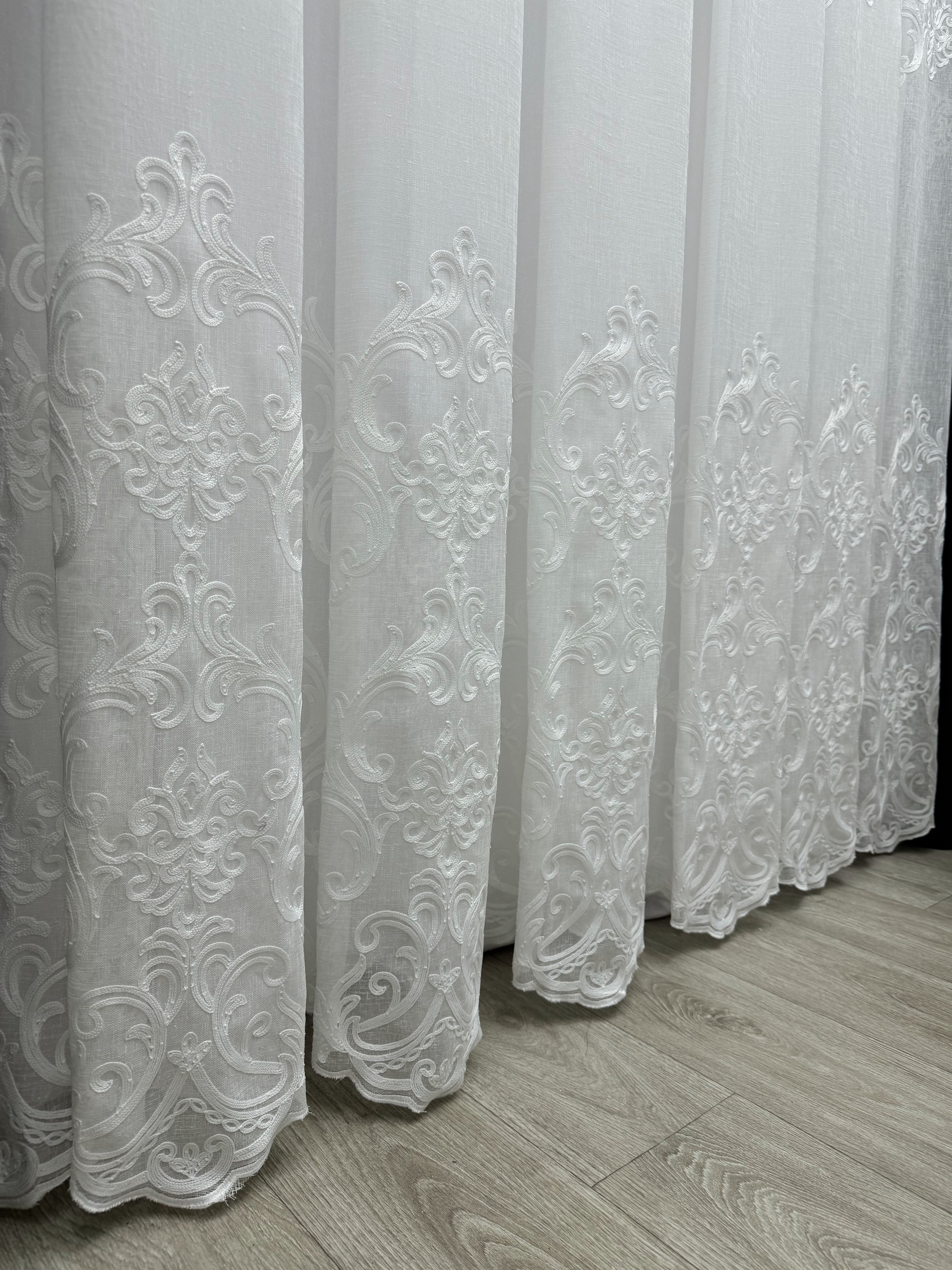 Linen sheer curtain with beautiful embroidery, milk color