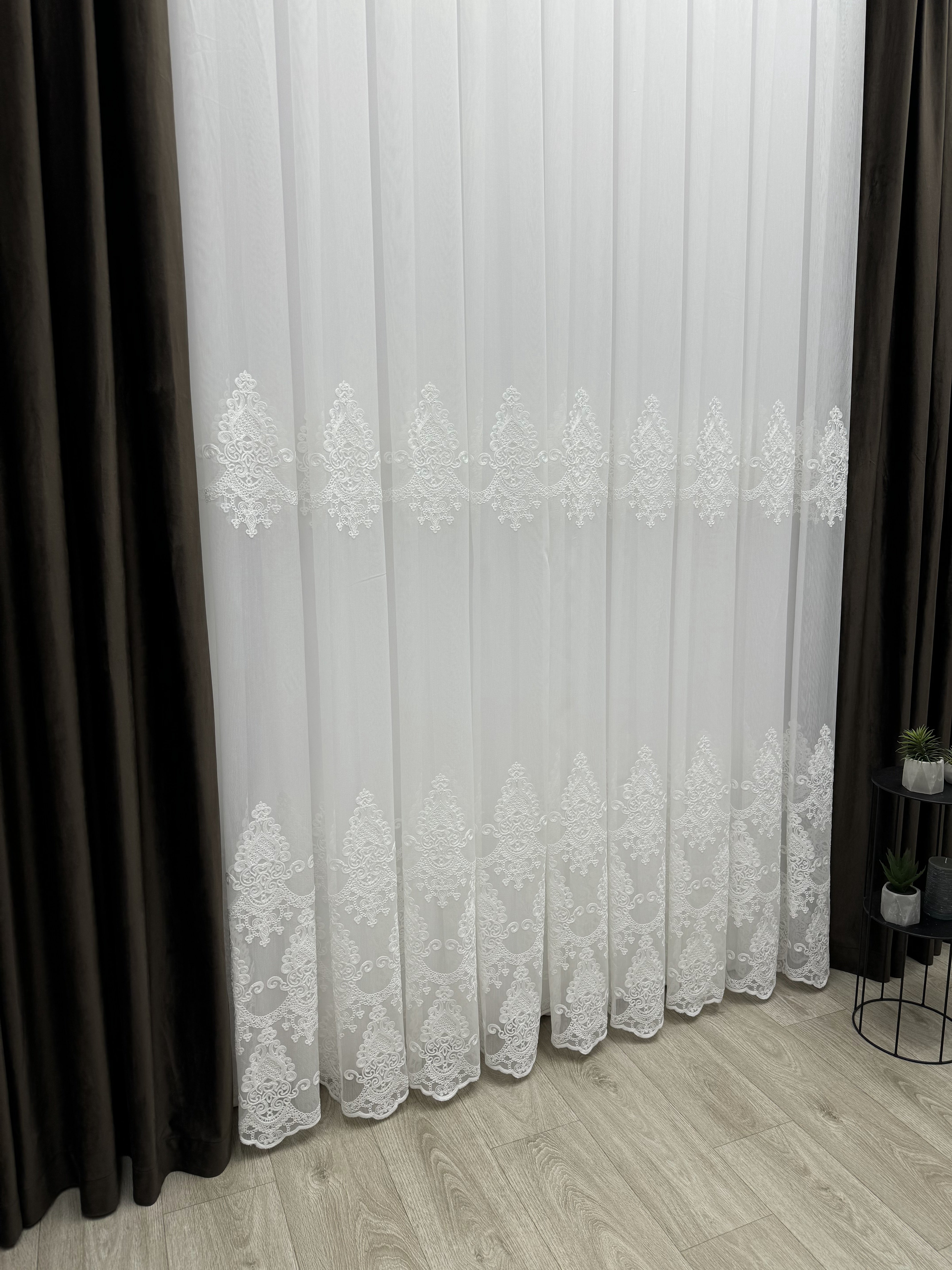 Bamboo-based sheer curtain with chenille embroidery, milk color