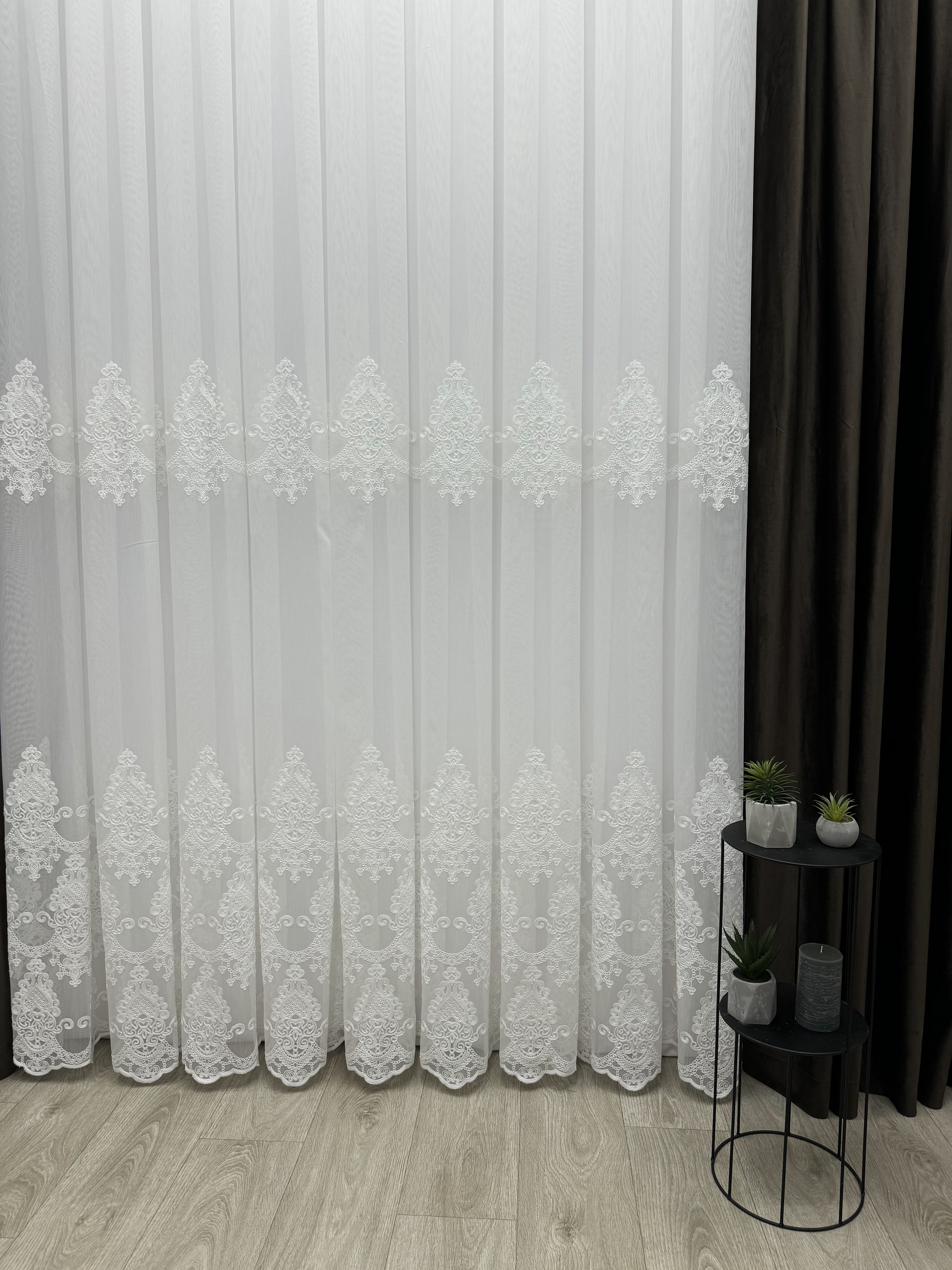 Bamboo-based sheer curtain with chenille embroidery, milk color