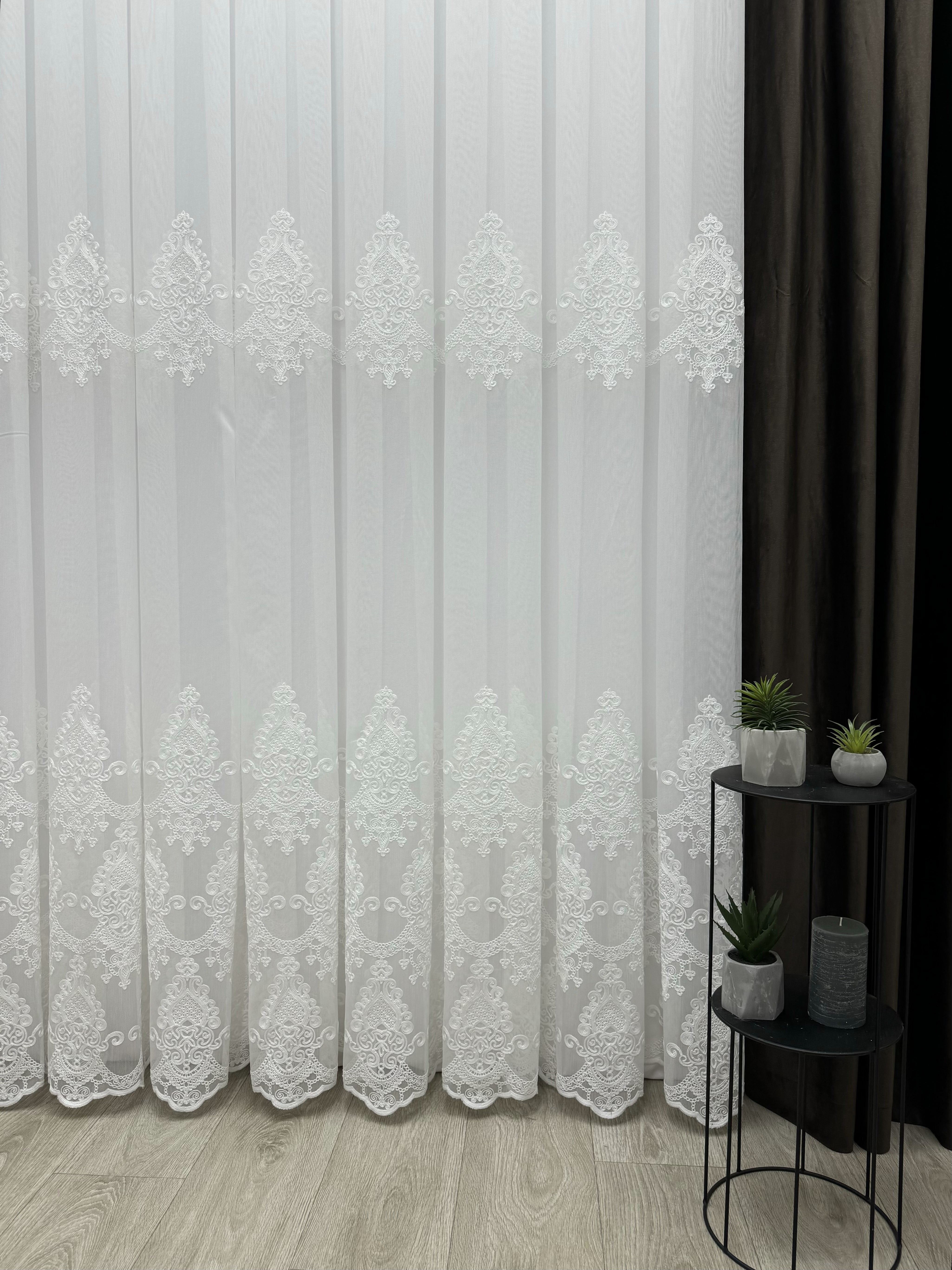 Bamboo-based sheer curtain with chenille embroidery, milk color