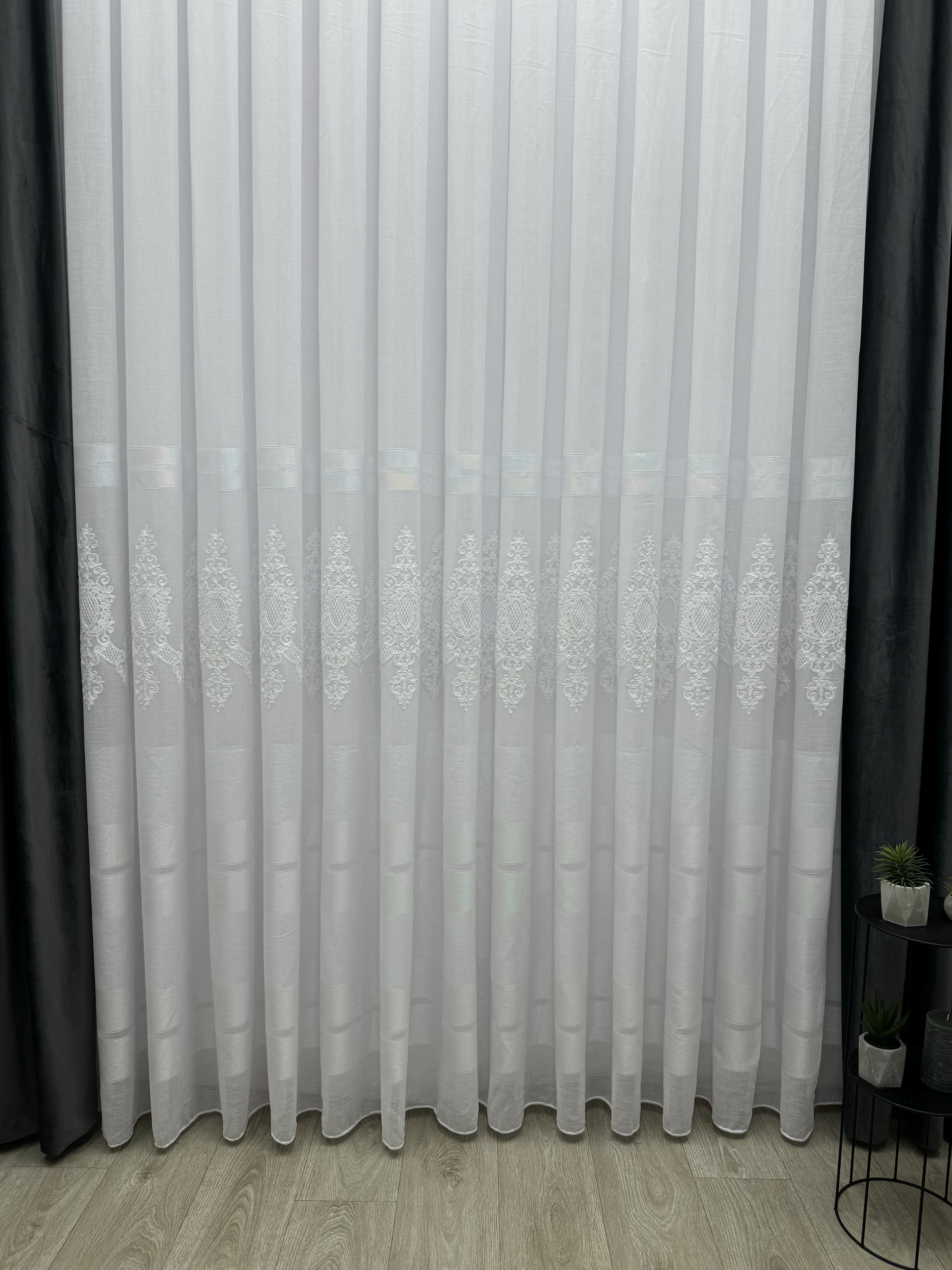 Linen sheer curtain with beautiful embroidery and stripes, white color