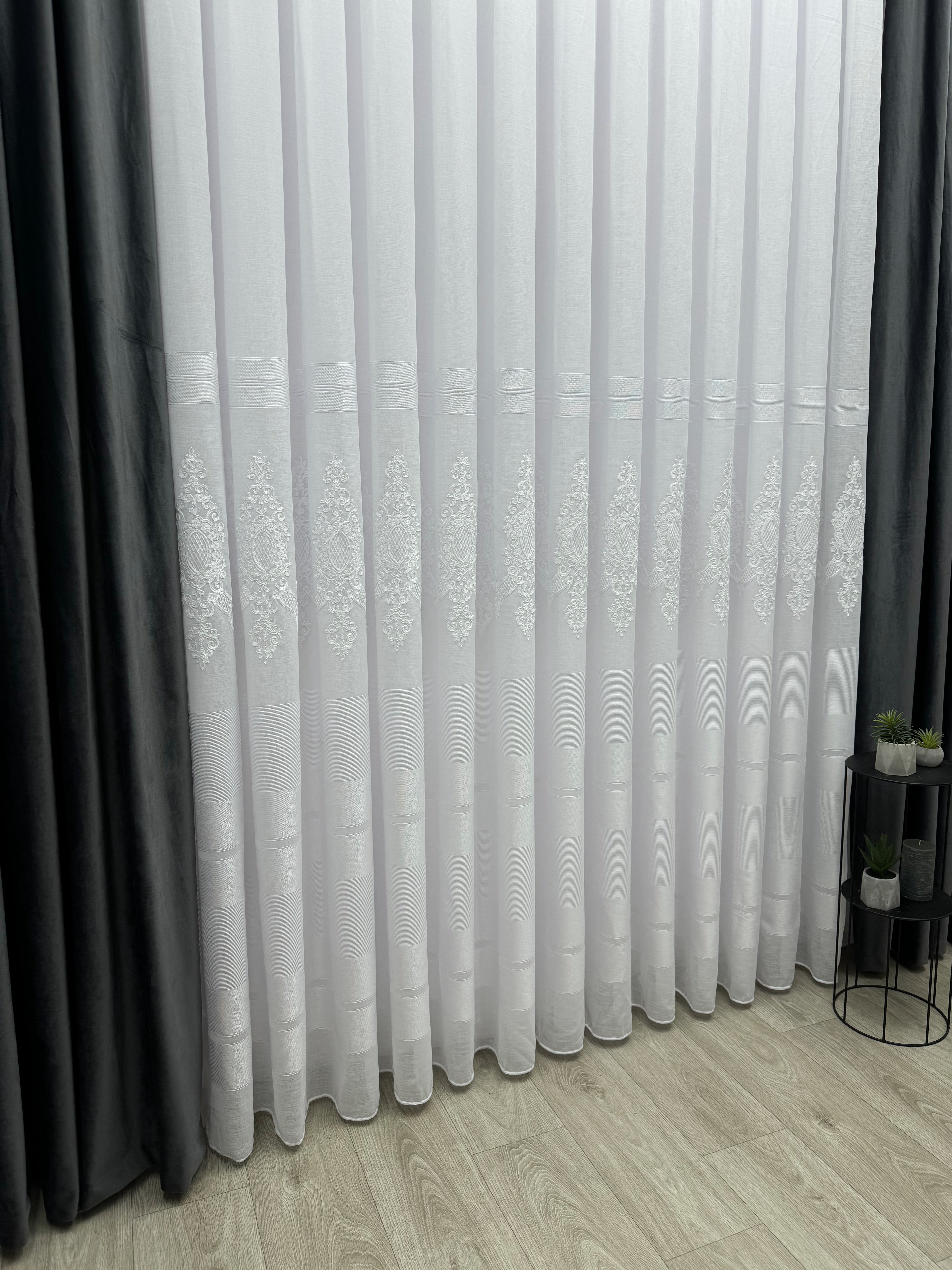 Linen sheer curtain with beautiful embroidery and stripes, white color