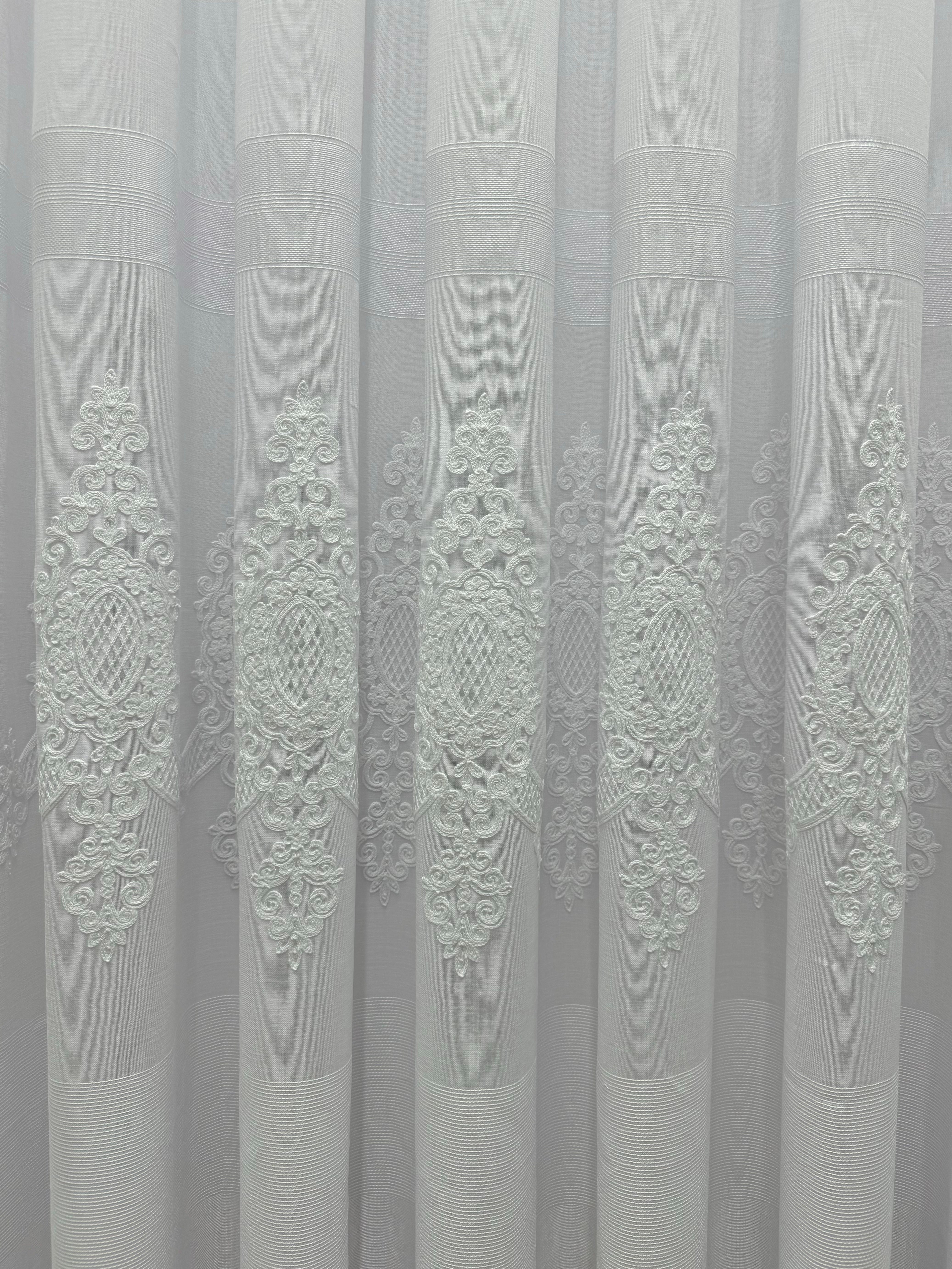 Linen sheer curtain with beautiful embroidery and stripes, white color