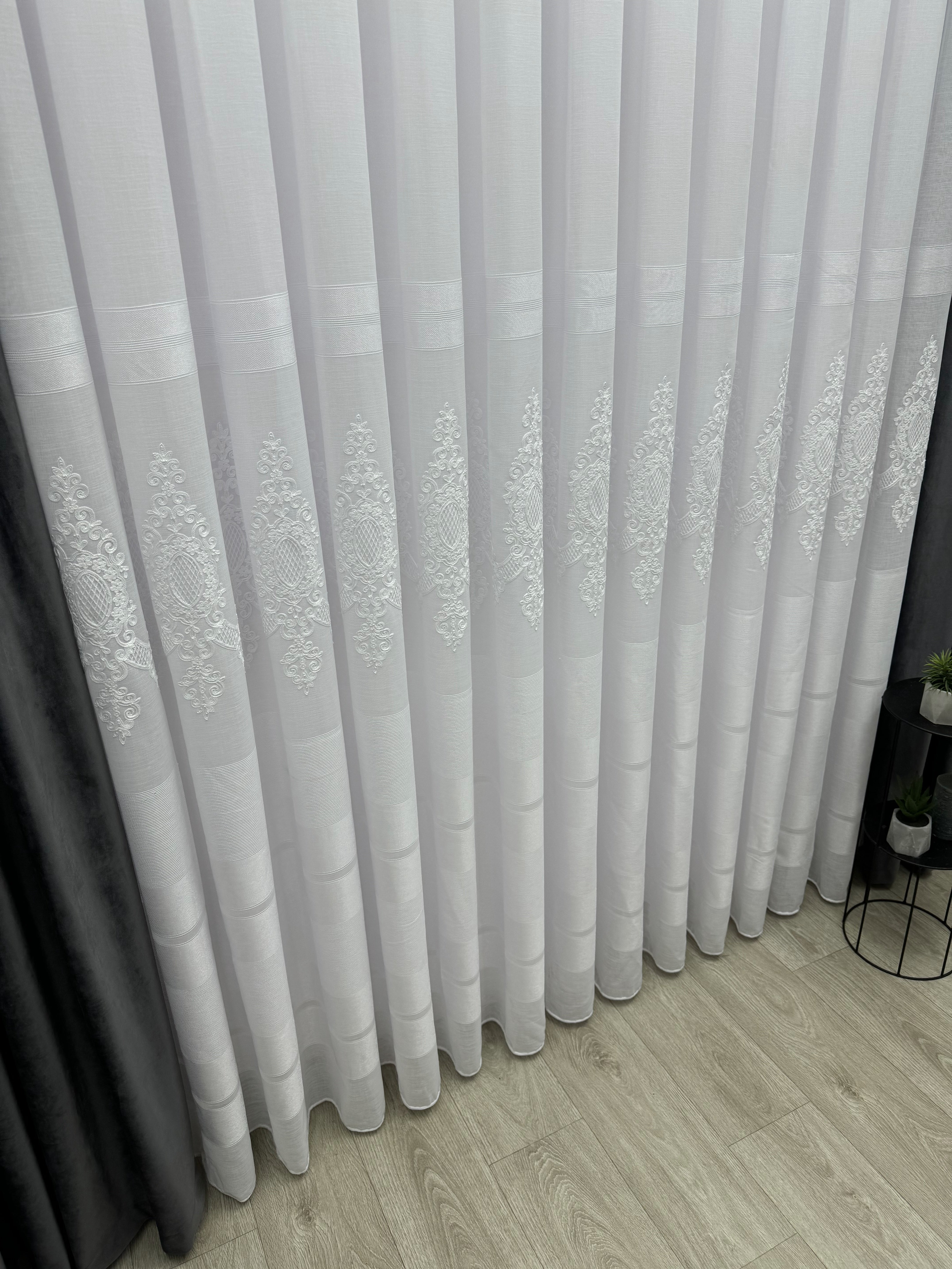 Linen sheer curtain with beautiful embroidery and stripes, white color