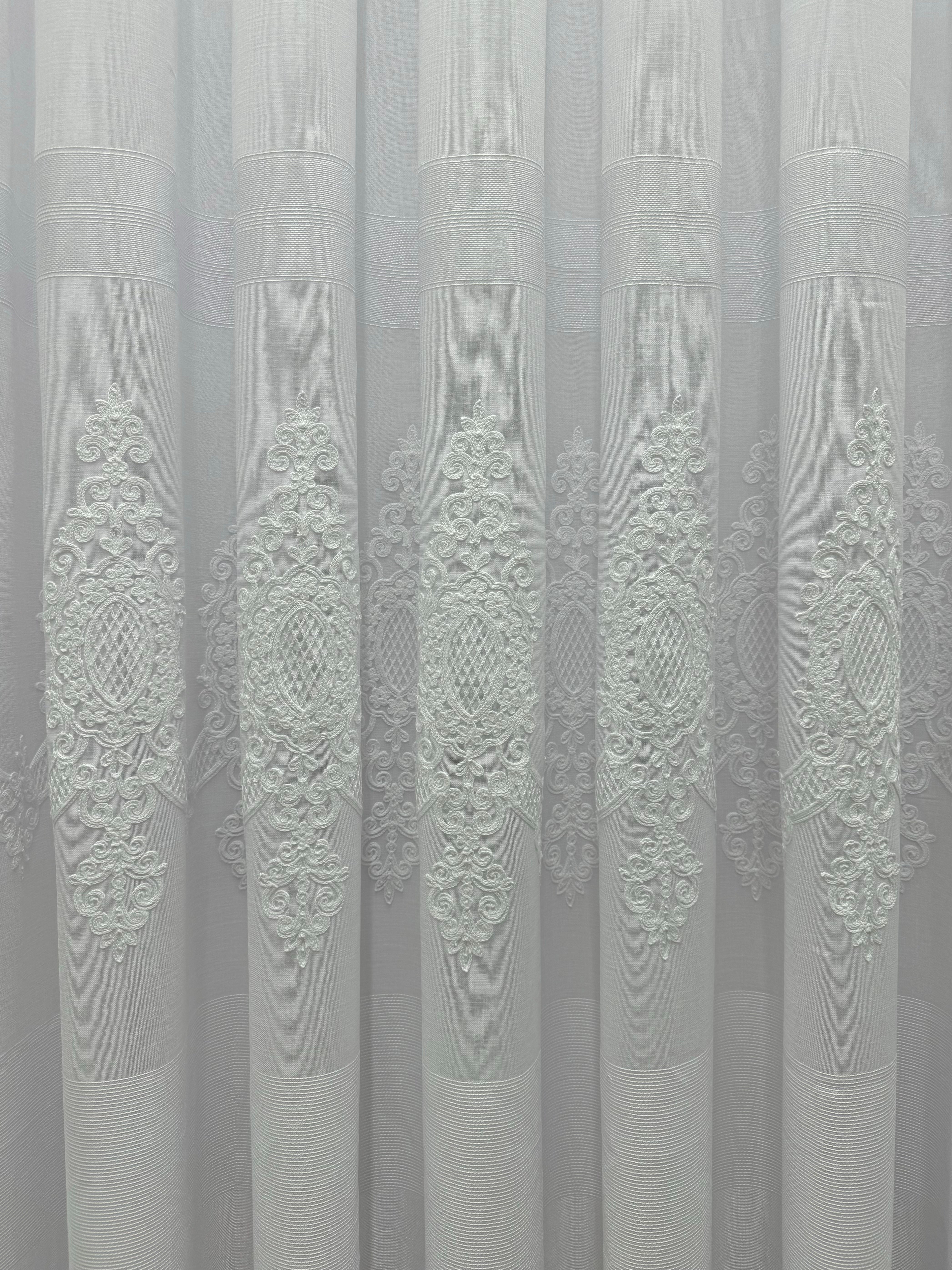 Linen sheer curtain with beautiful embroidery and stripes, white color