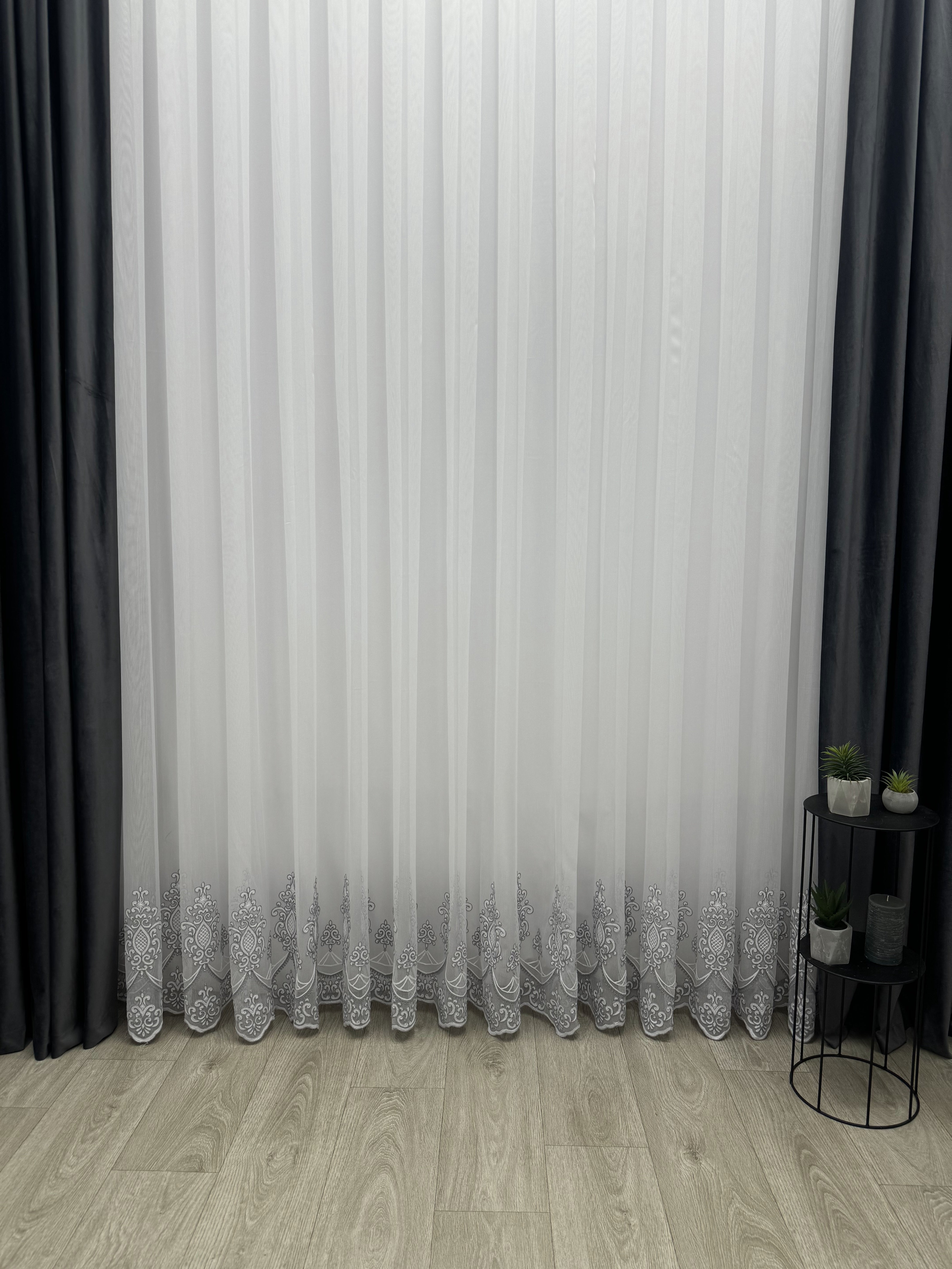 Sheer curtain with chenille embroidery on the bottom , gray color