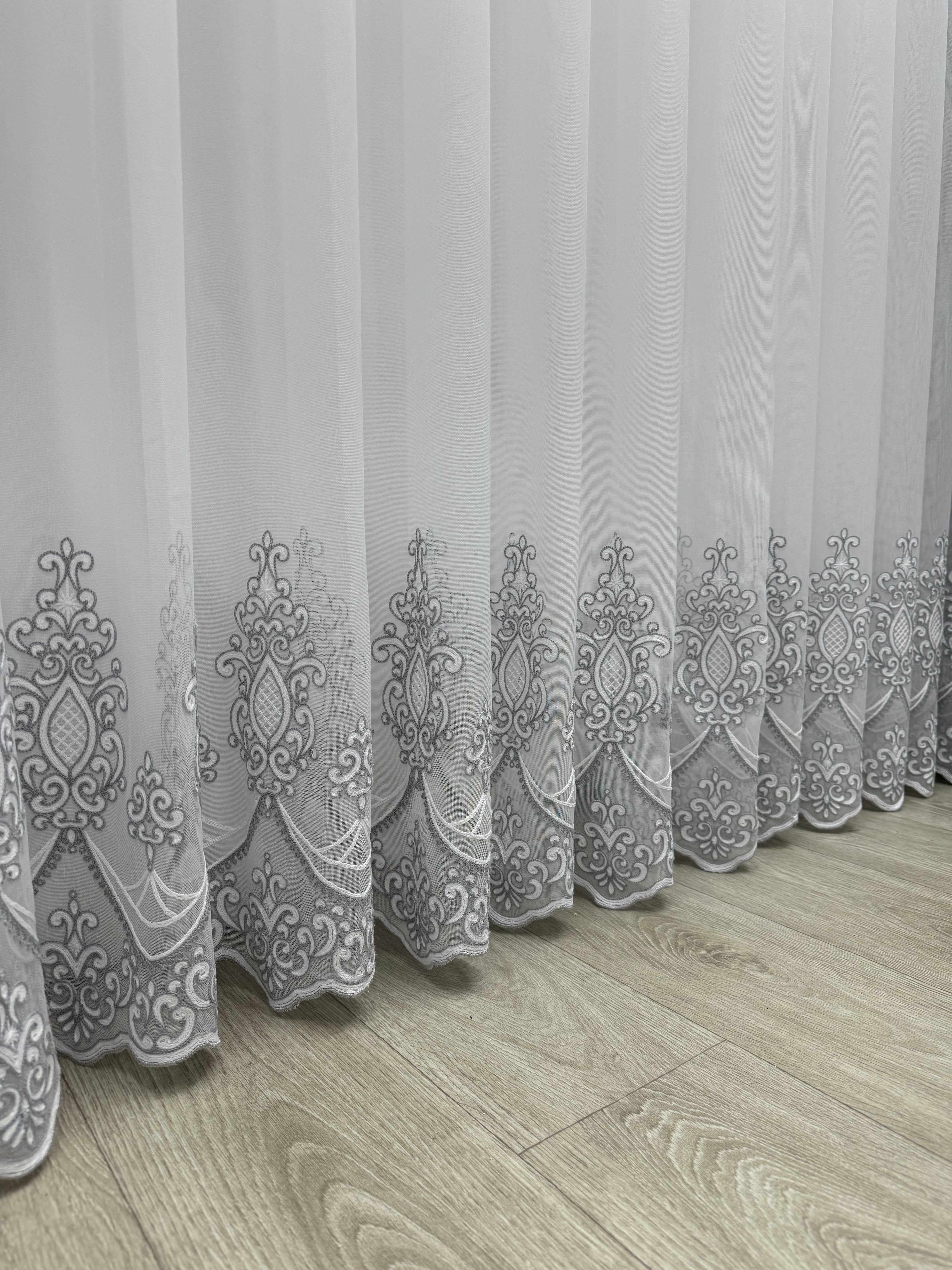 Sheer curtain with chenille embroidery on the bottom , gray color