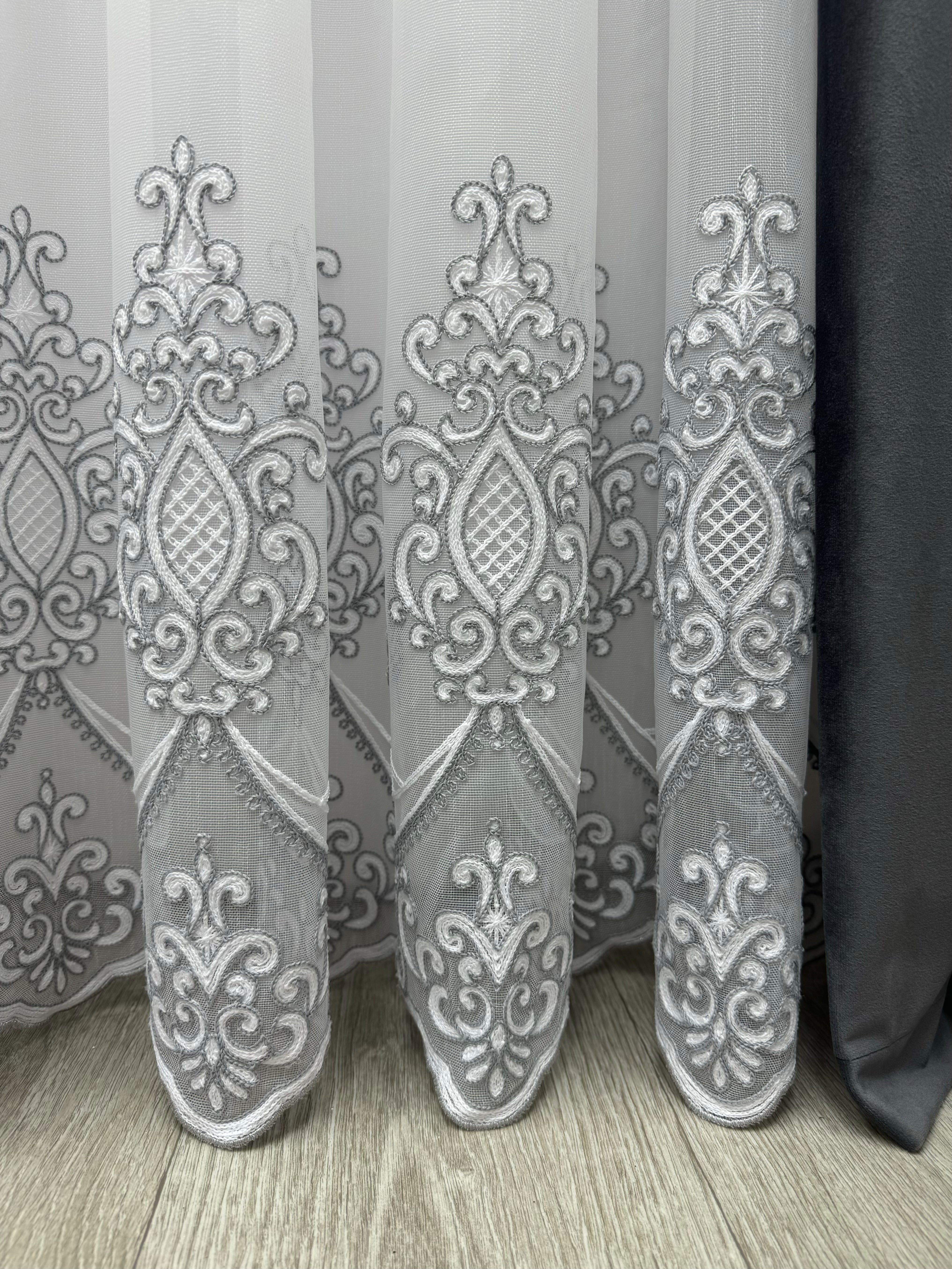 Sheer curtain with chenille embroidery on the bottom , gray color