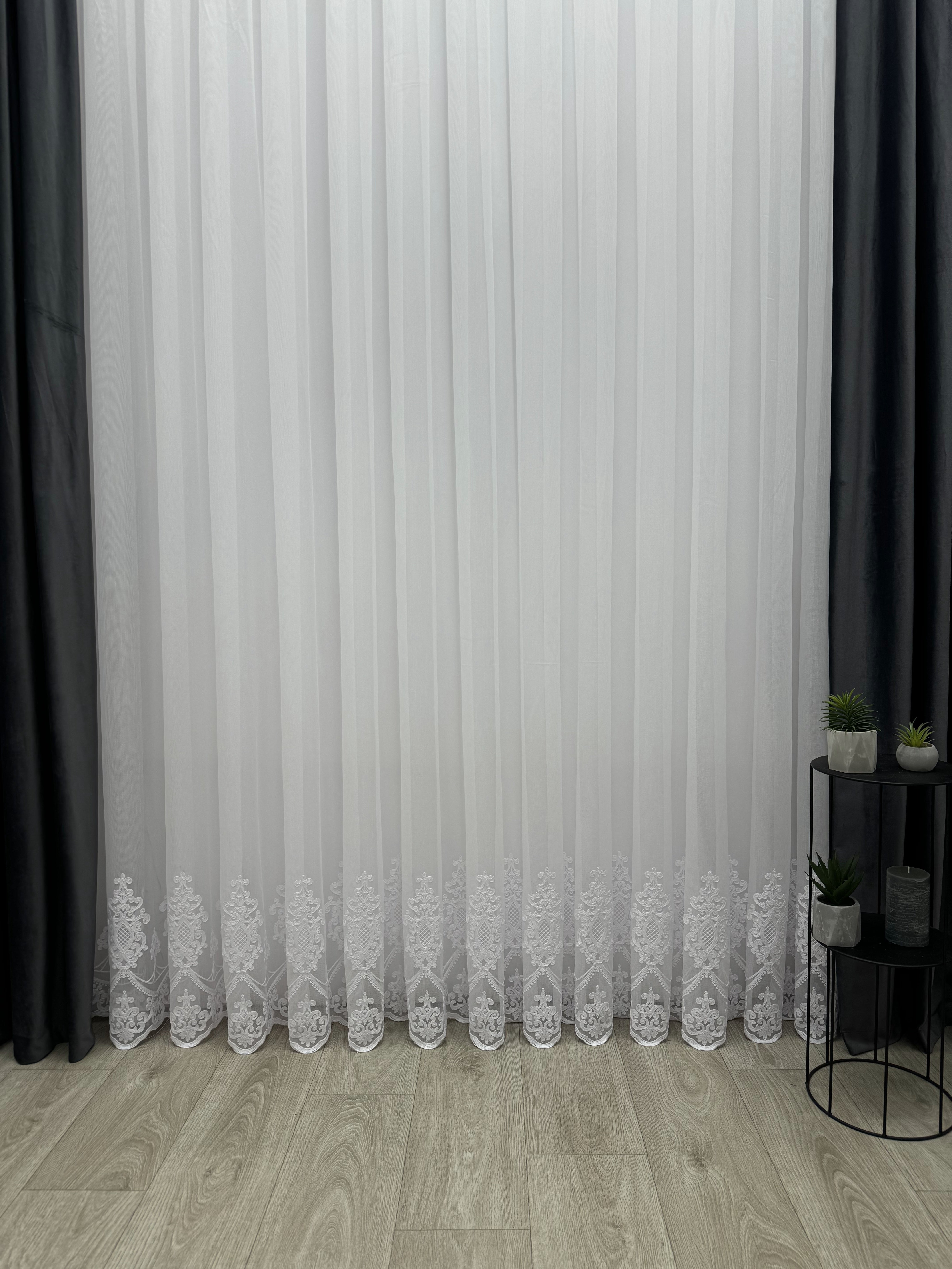 Sheer curtain with chenille embroidery on the bottom , white color