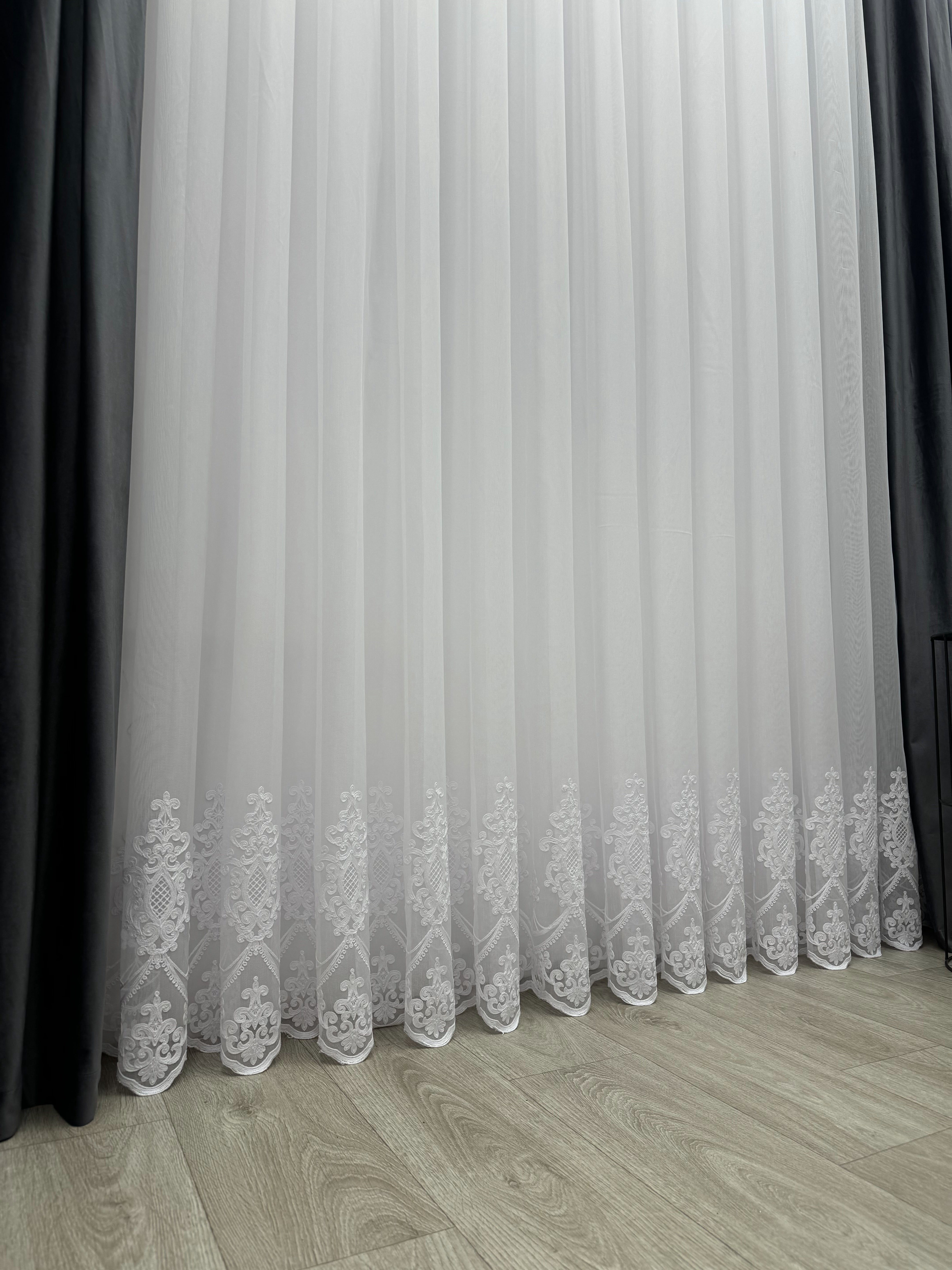 Sheer curtain with chenille embroidery on the bottom , white color