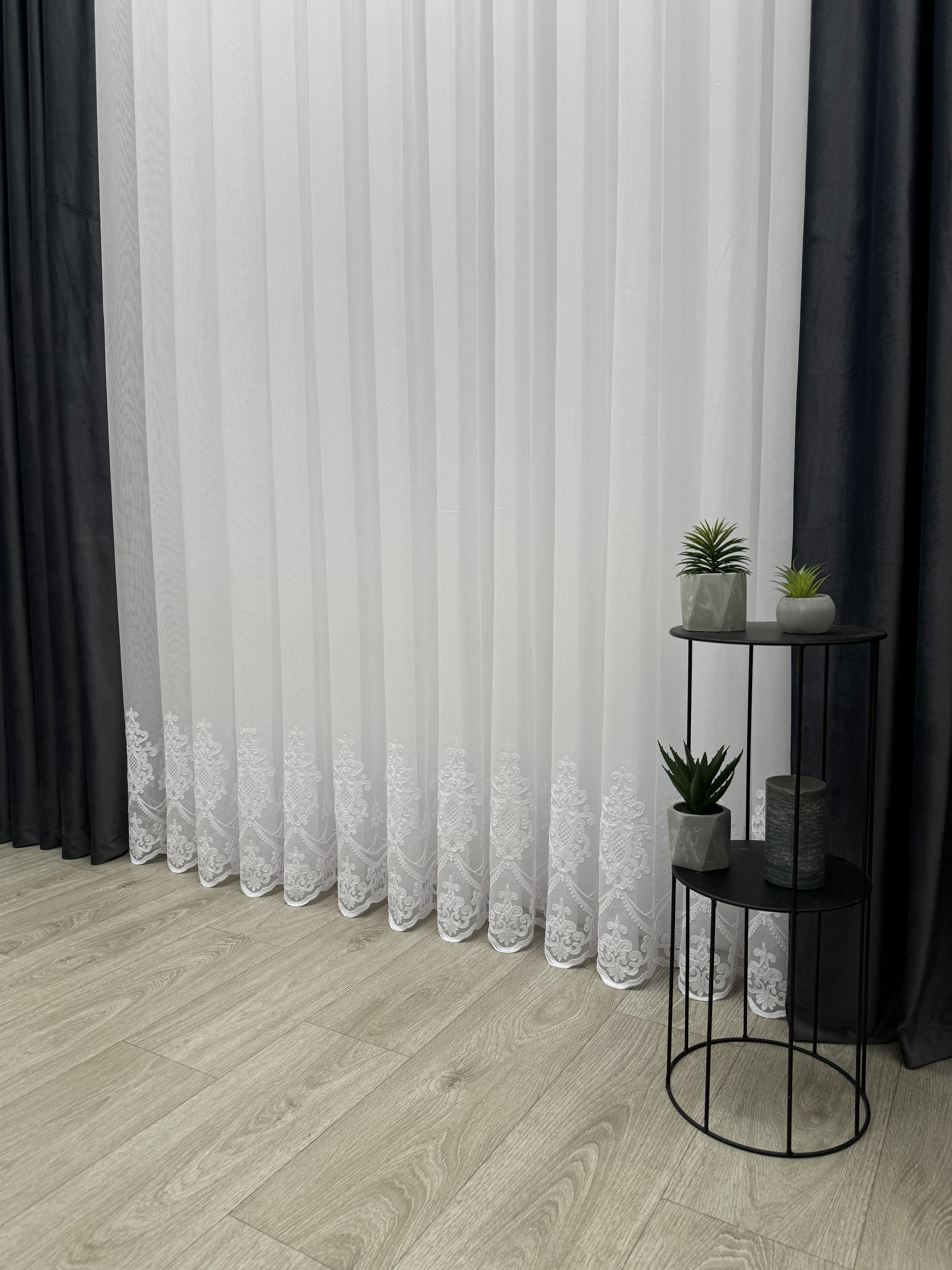 Sheer curtain with chenille embroidery on the bottom , white color