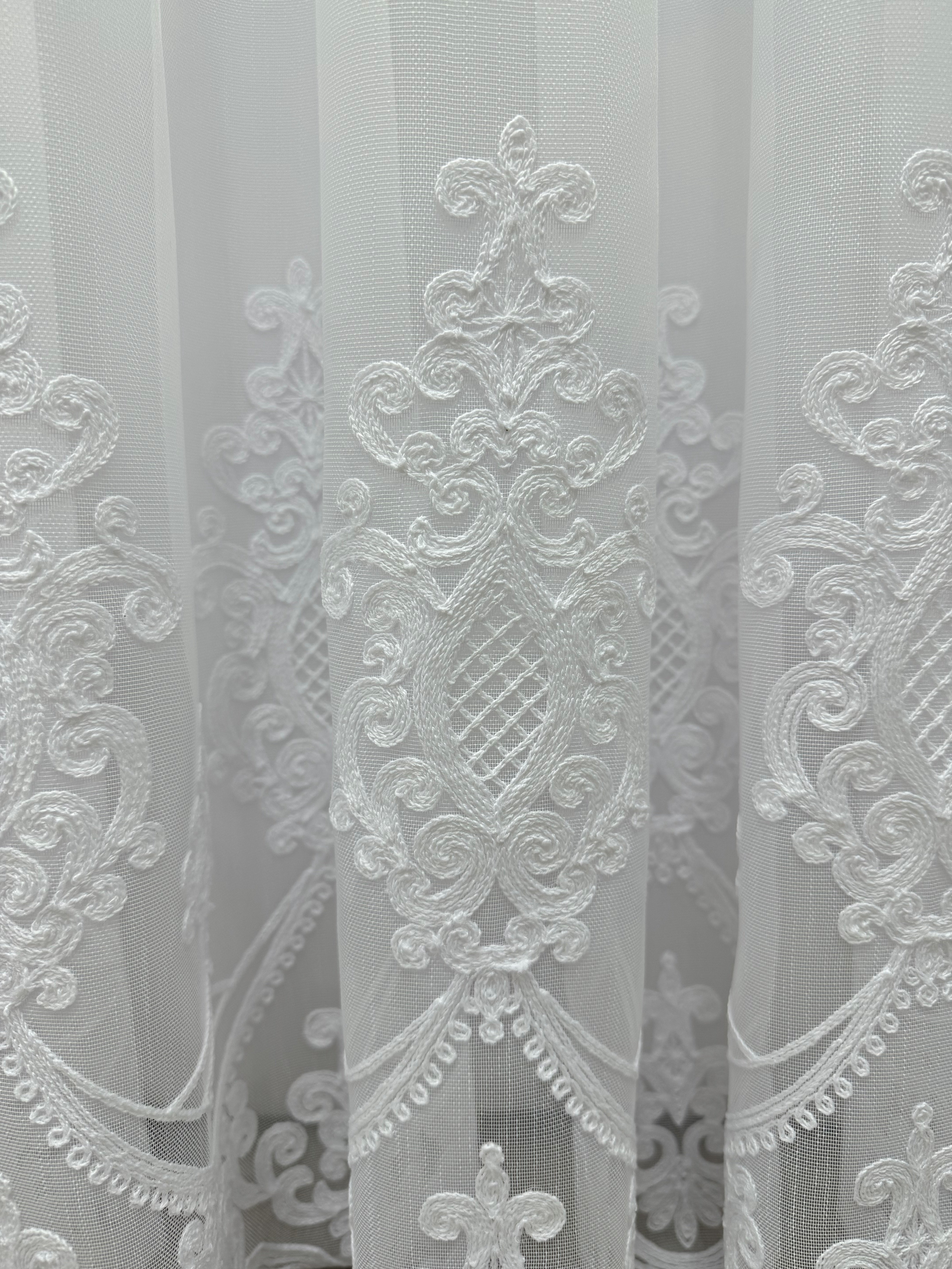 Sheer curtain with chenille embroidery on the bottom , white color