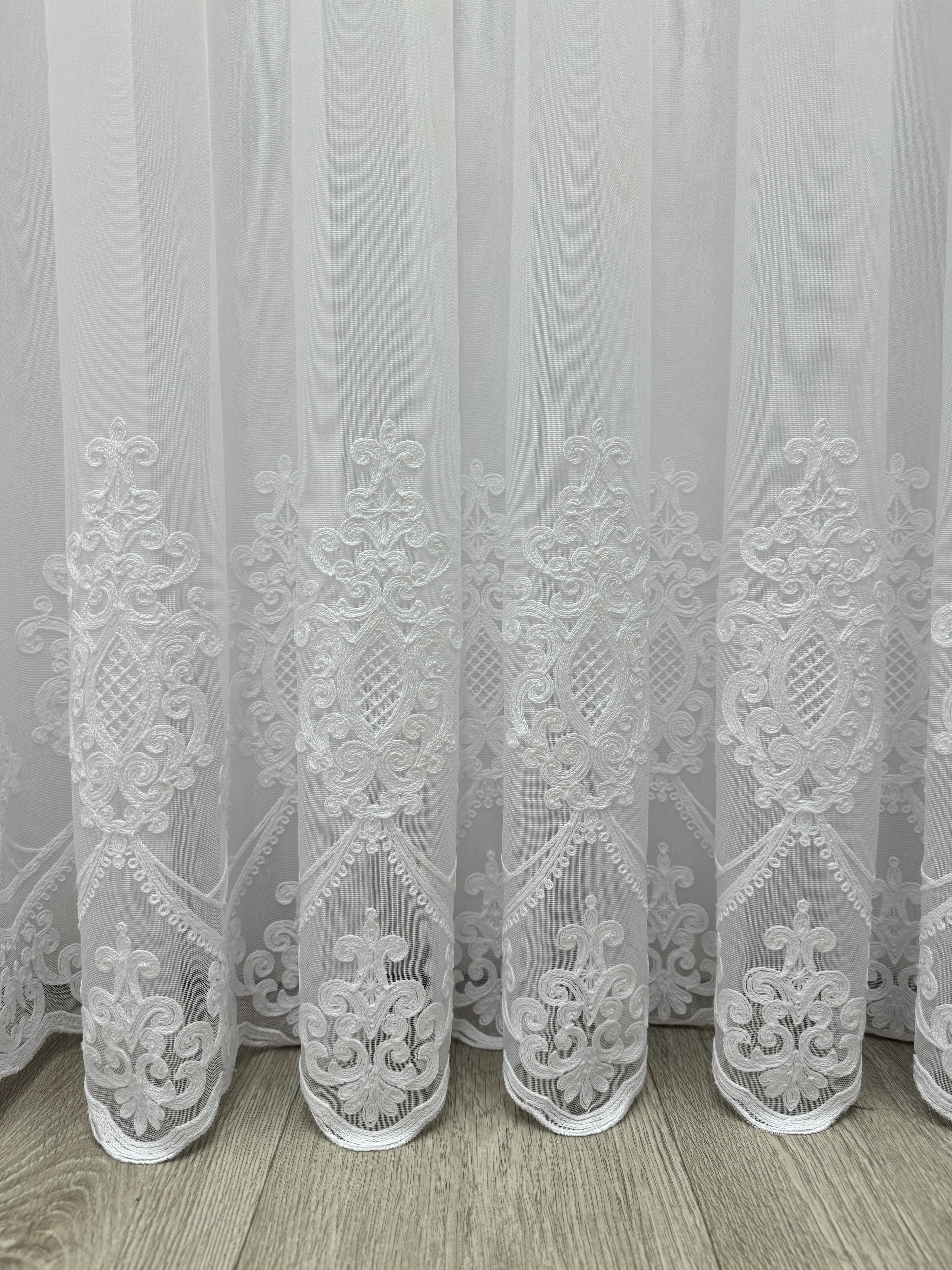 Sheer curtain with chenille embroidery on the bottom , white color