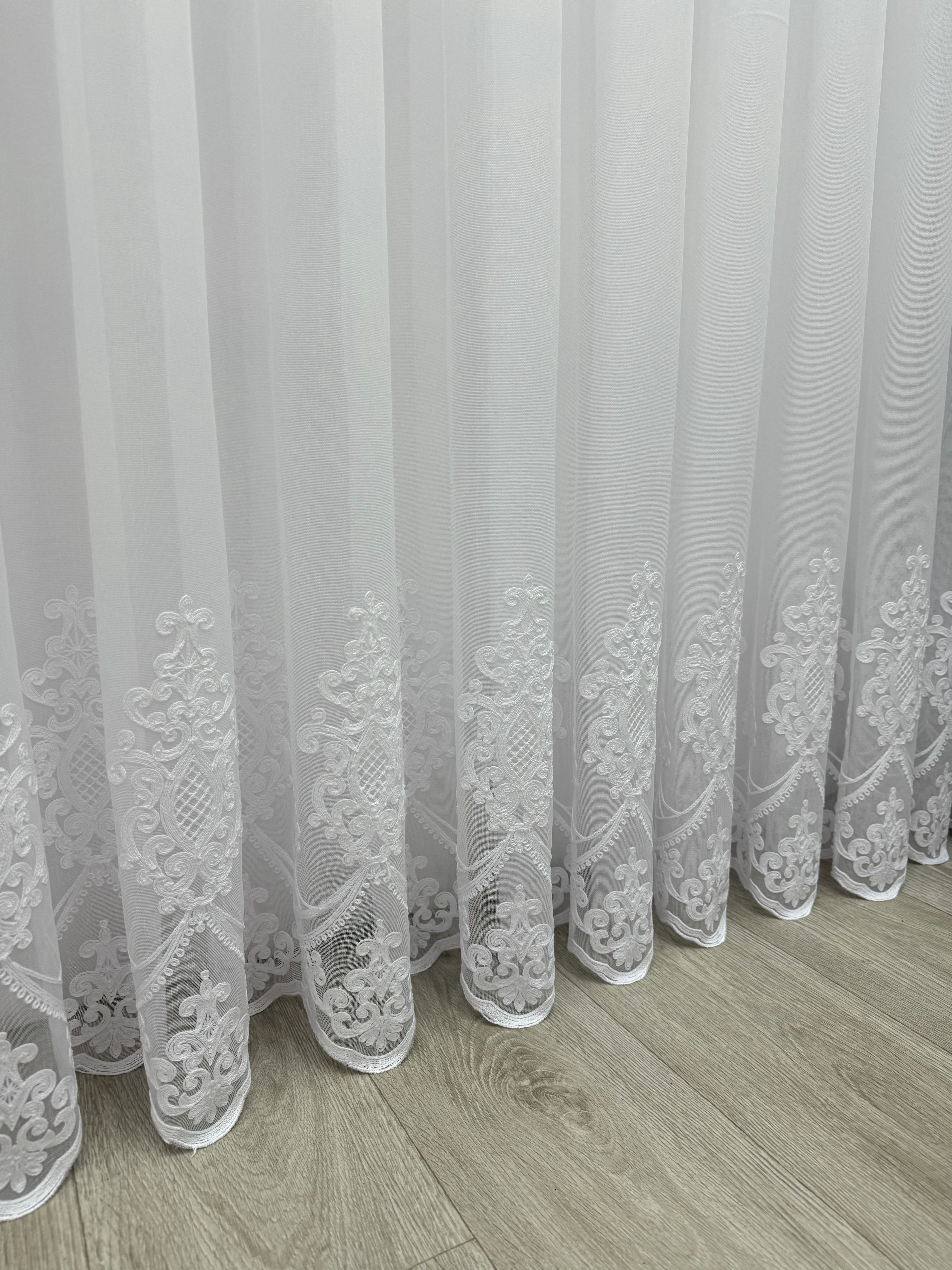 Sheer curtain with chenille embroidery on the bottom , white color