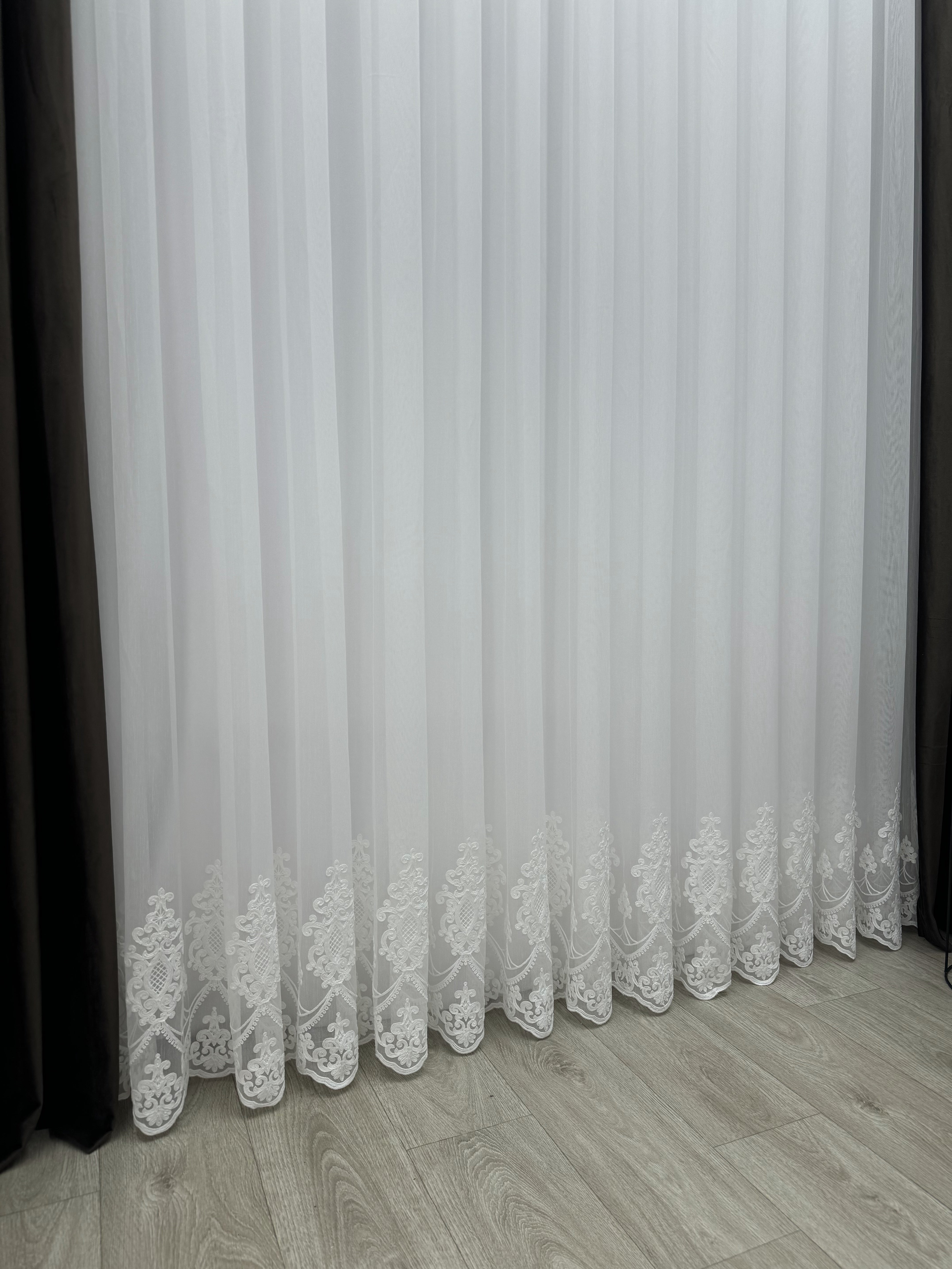 Sheer curtain with chenille embroidery on the bottom , milk color