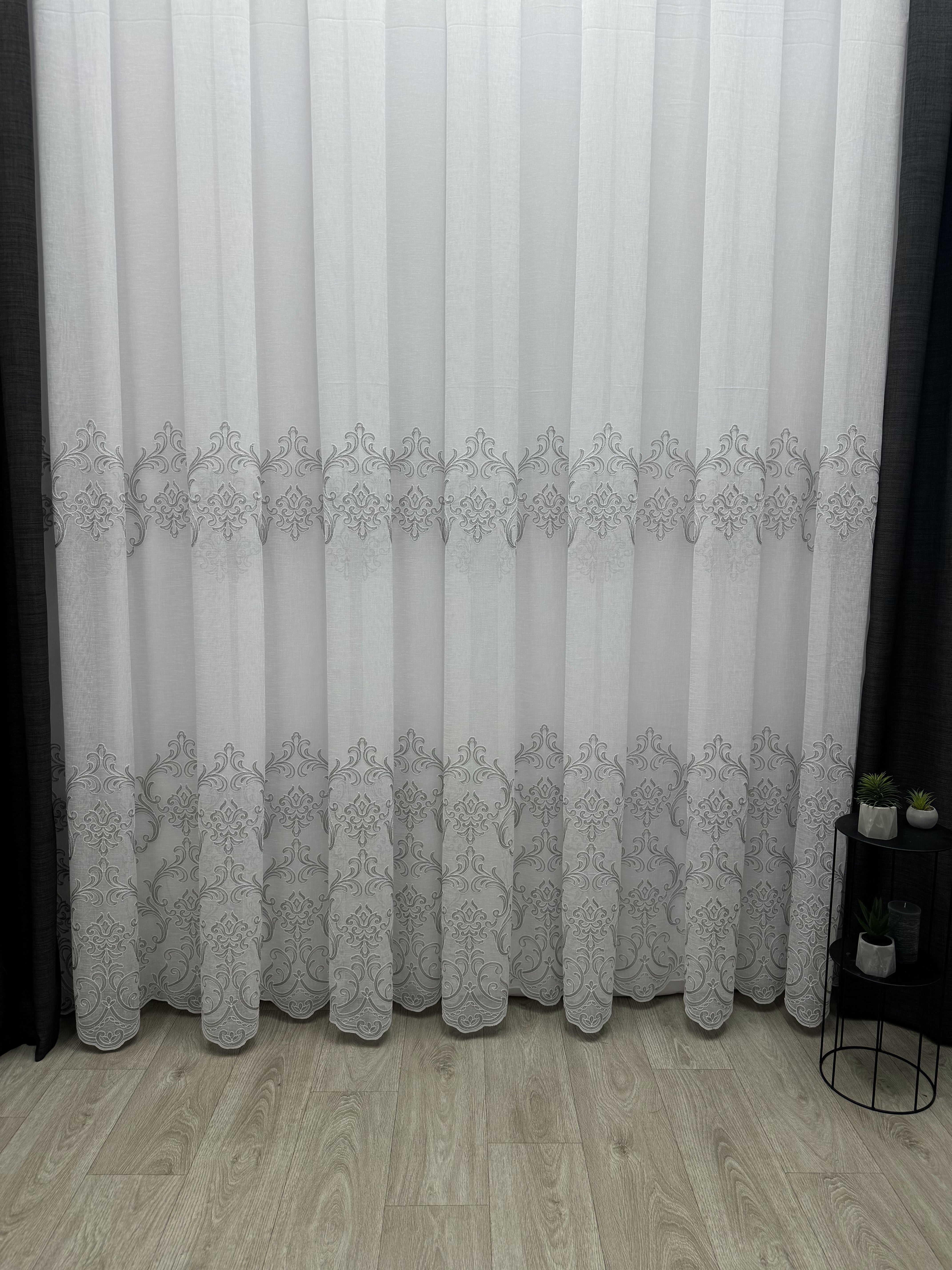 Linen sheer curtain with beautiful embroidery, gray color