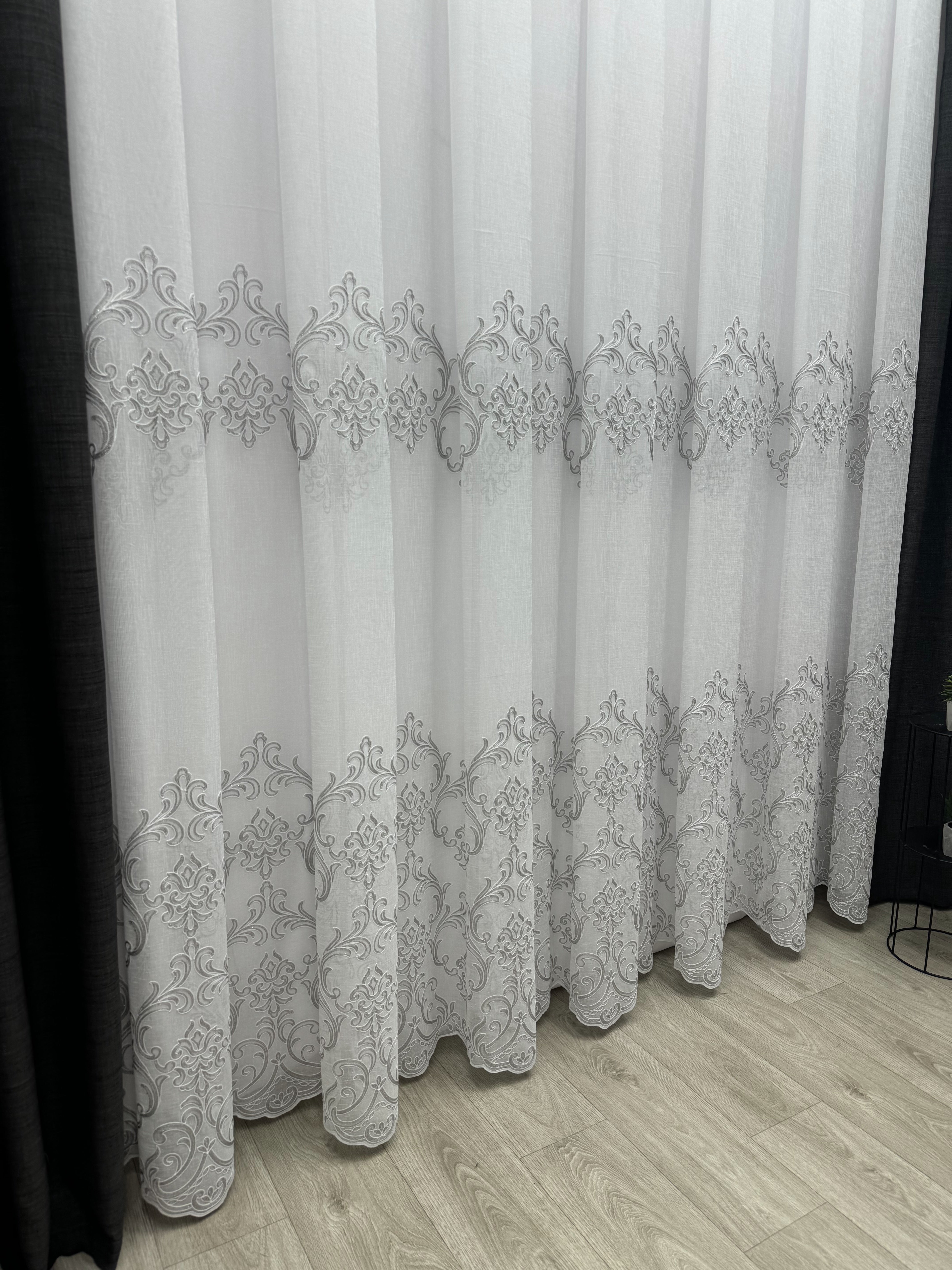 Linen sheer curtain with beautiful embroidery, gray color