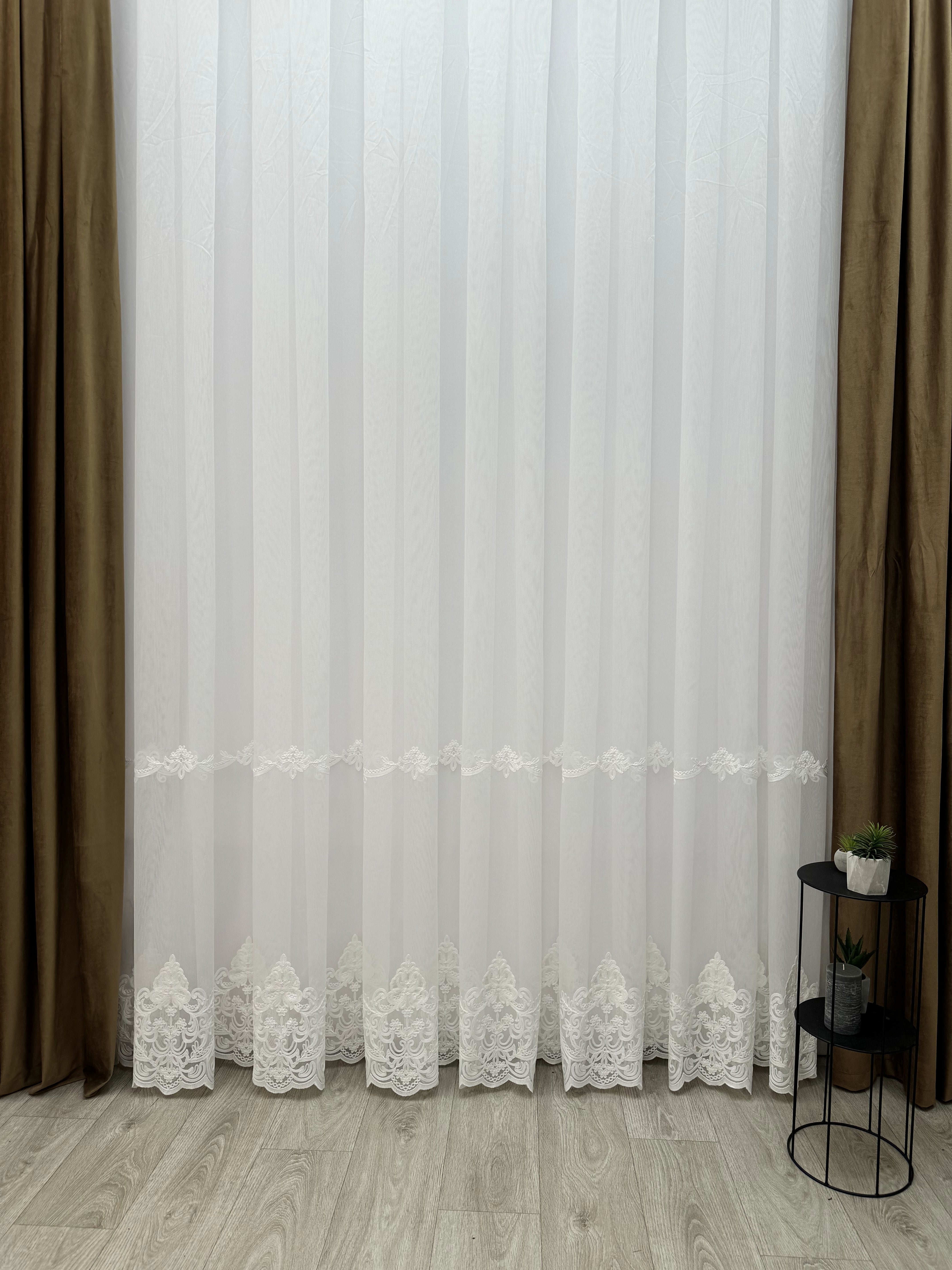 Sheer curtain with chenille embroidery on the bottom , milk color