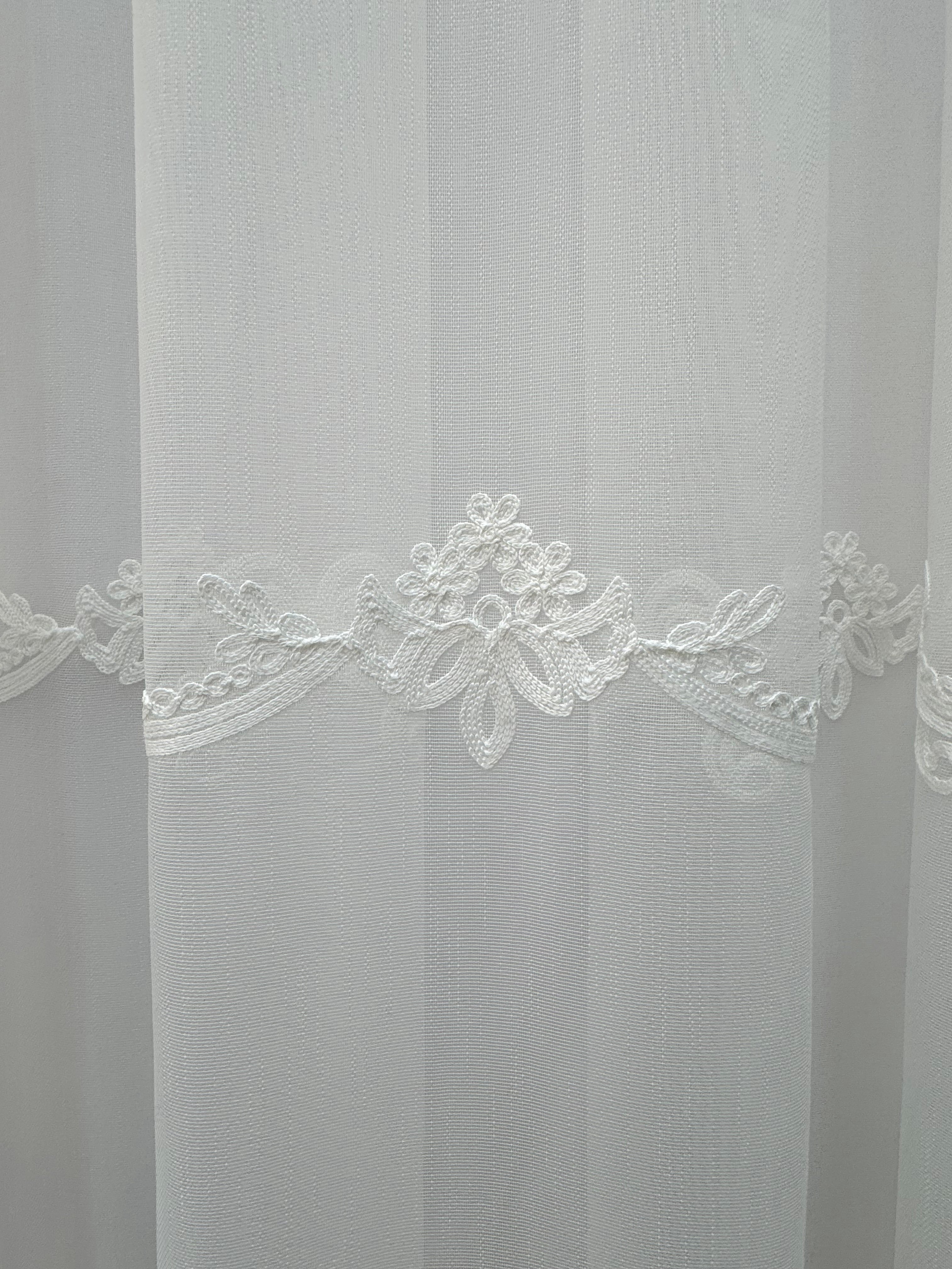 Sheer curtain with chenille embroidery on the bottom , milk color