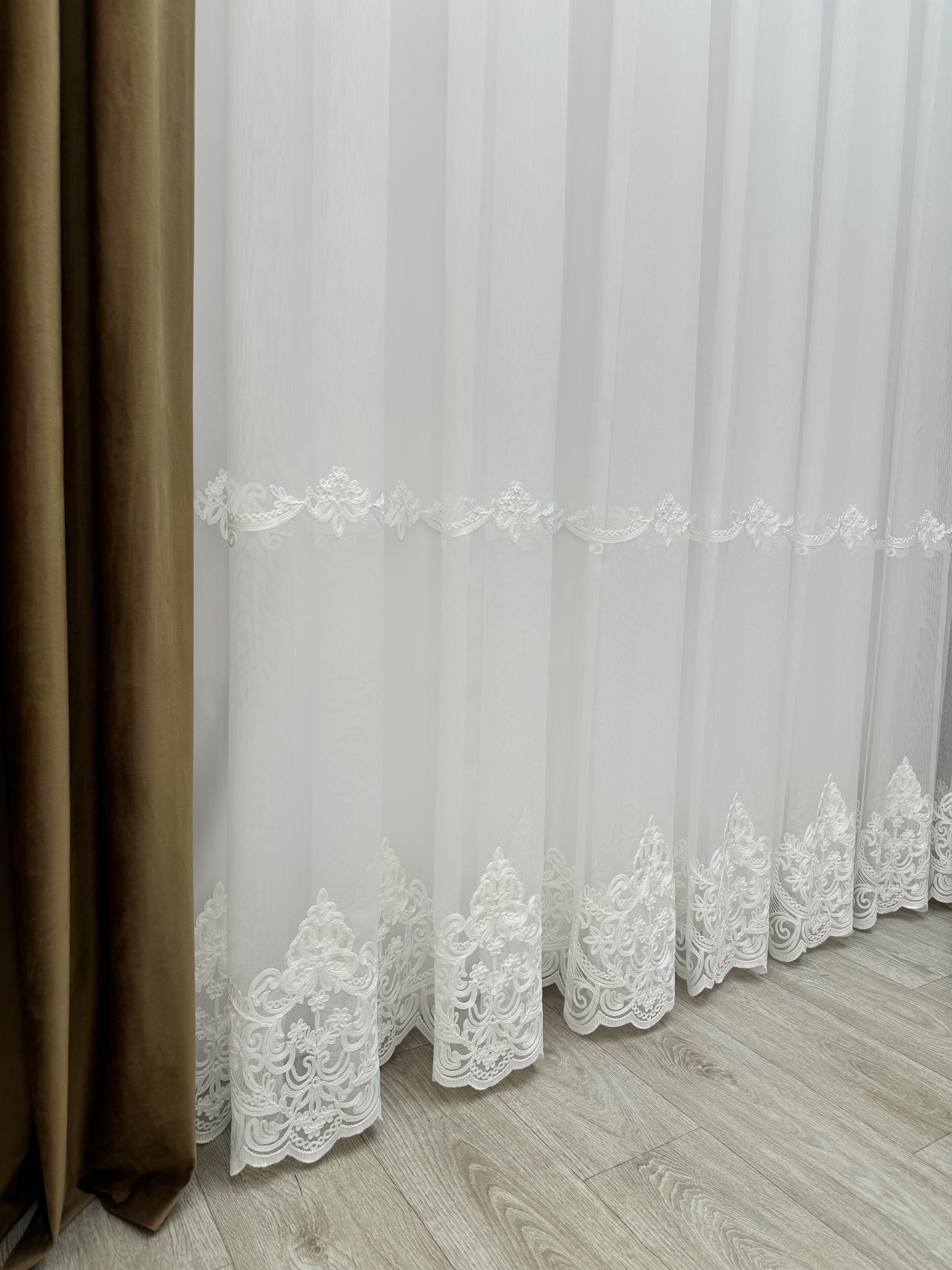 Sheer curtain with chenille embroidery on the bottom , milk color