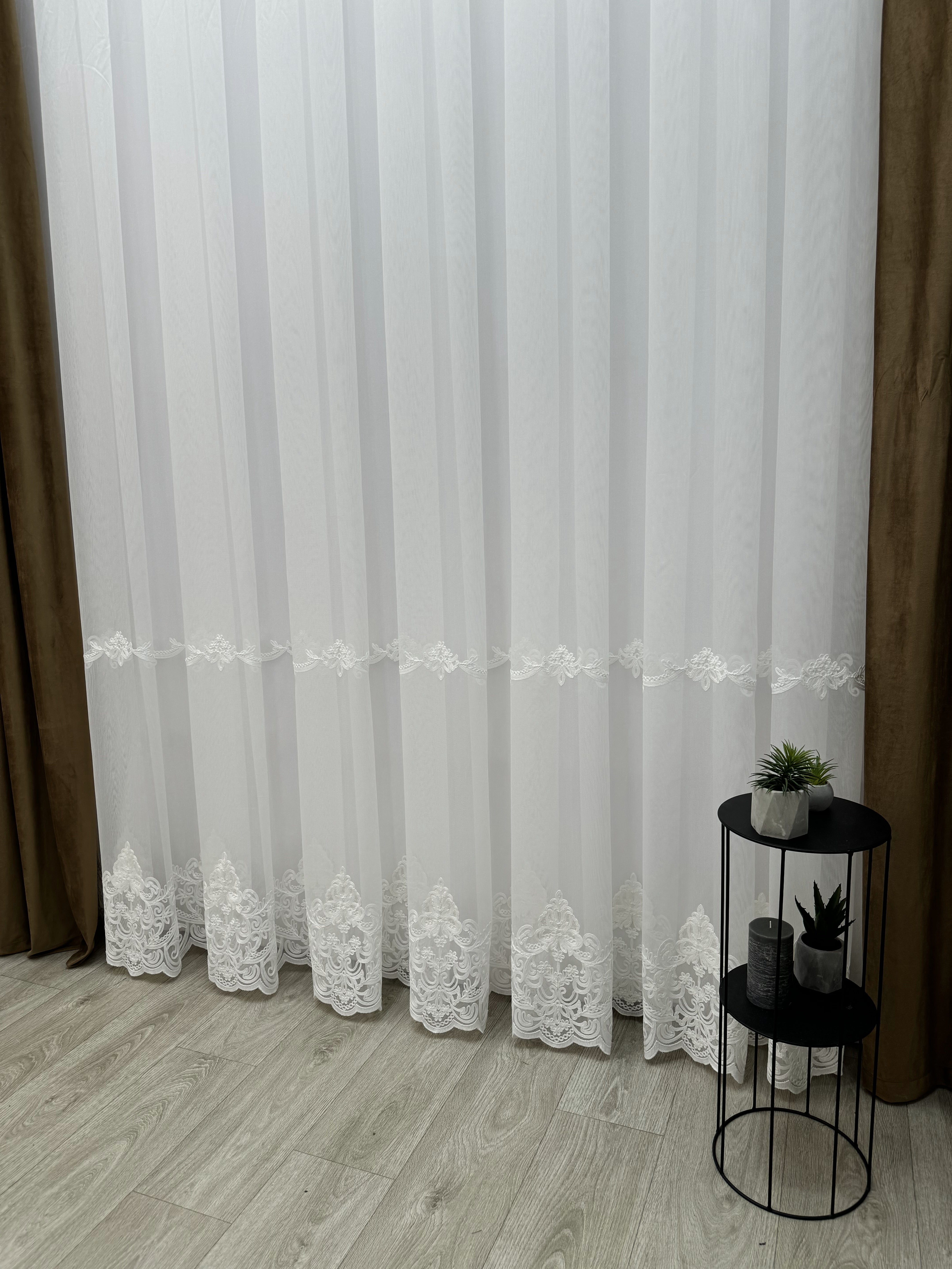 Sheer curtain with chenille embroidery on the bottom , milk color