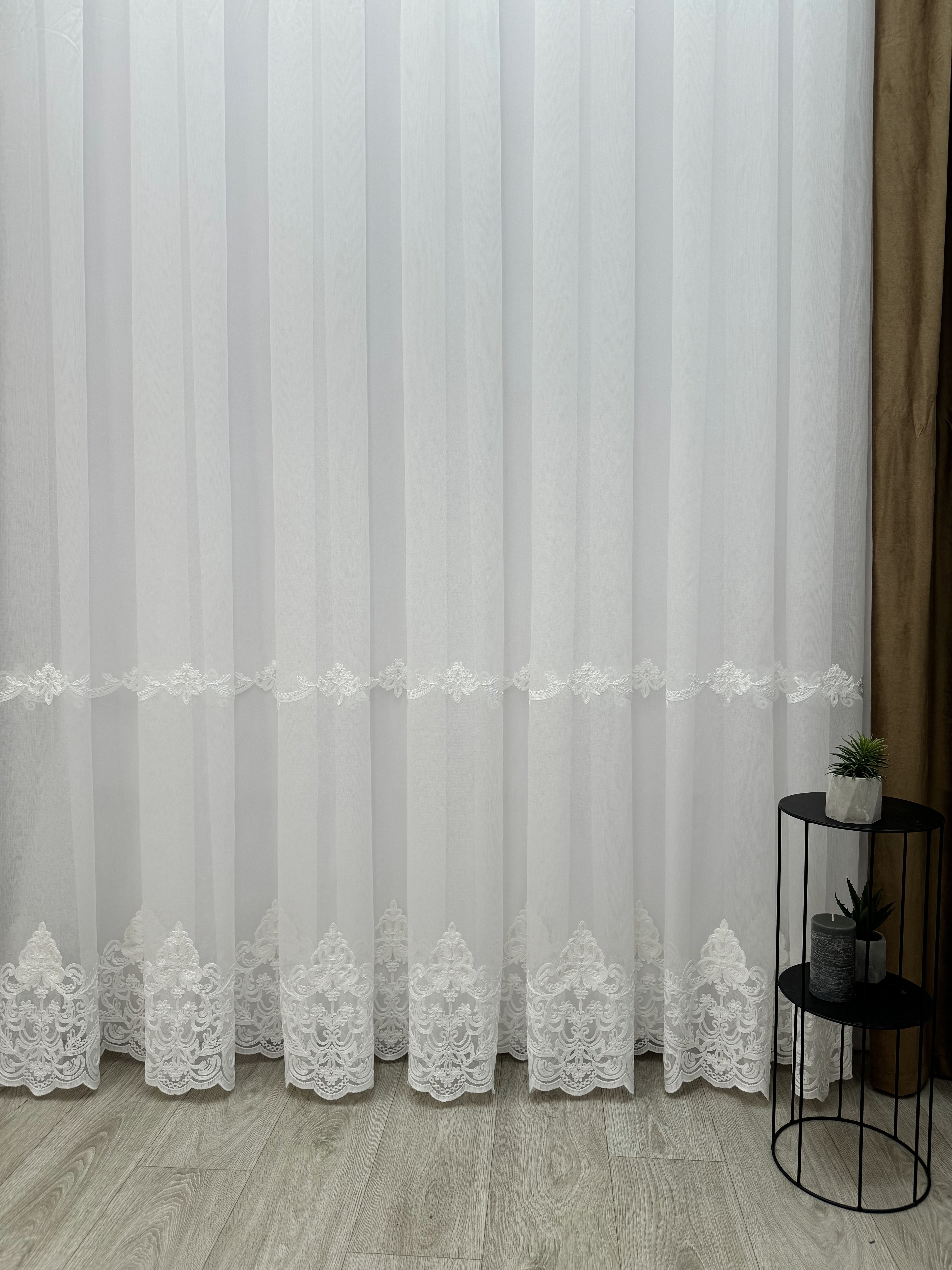 Sheer curtain with chenille embroidery on the bottom , milk color