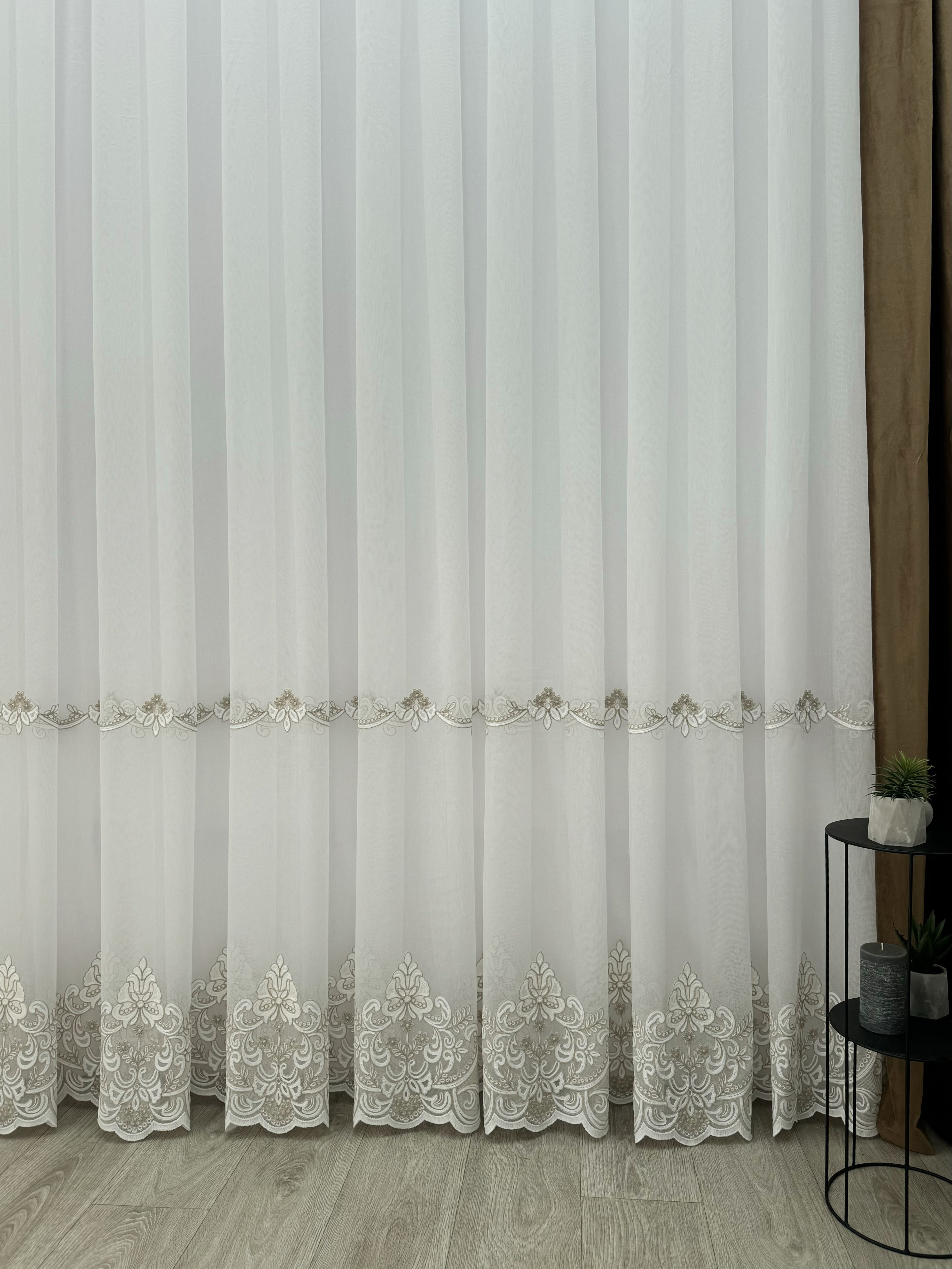 Sheer curtain with chenille embroidery on the bottom , milk with gold color