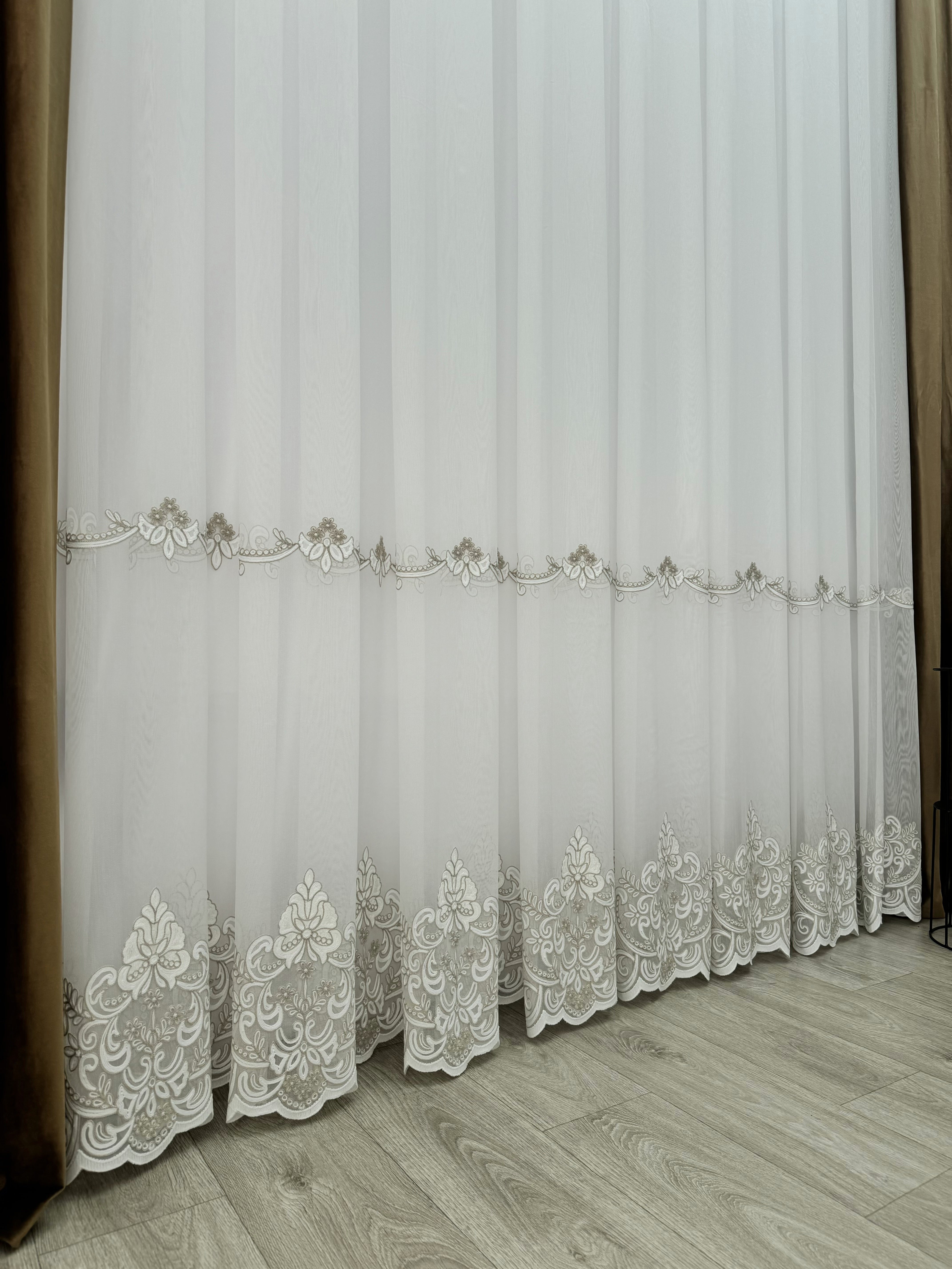 Sheer curtain with chenille embroidery on the bottom , milk with gold color