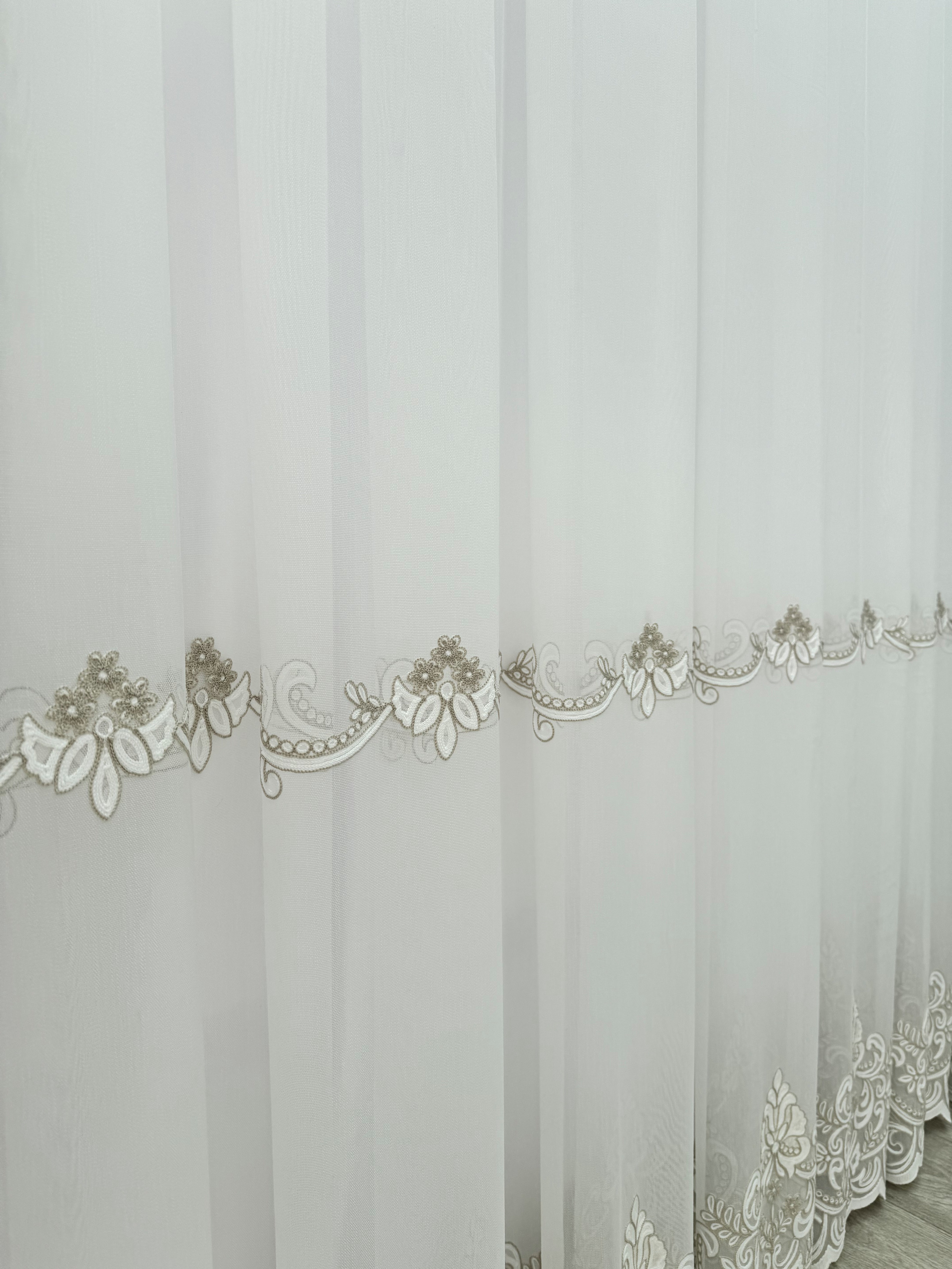 Sheer curtain with chenille embroidery on the bottom , milk with gold color