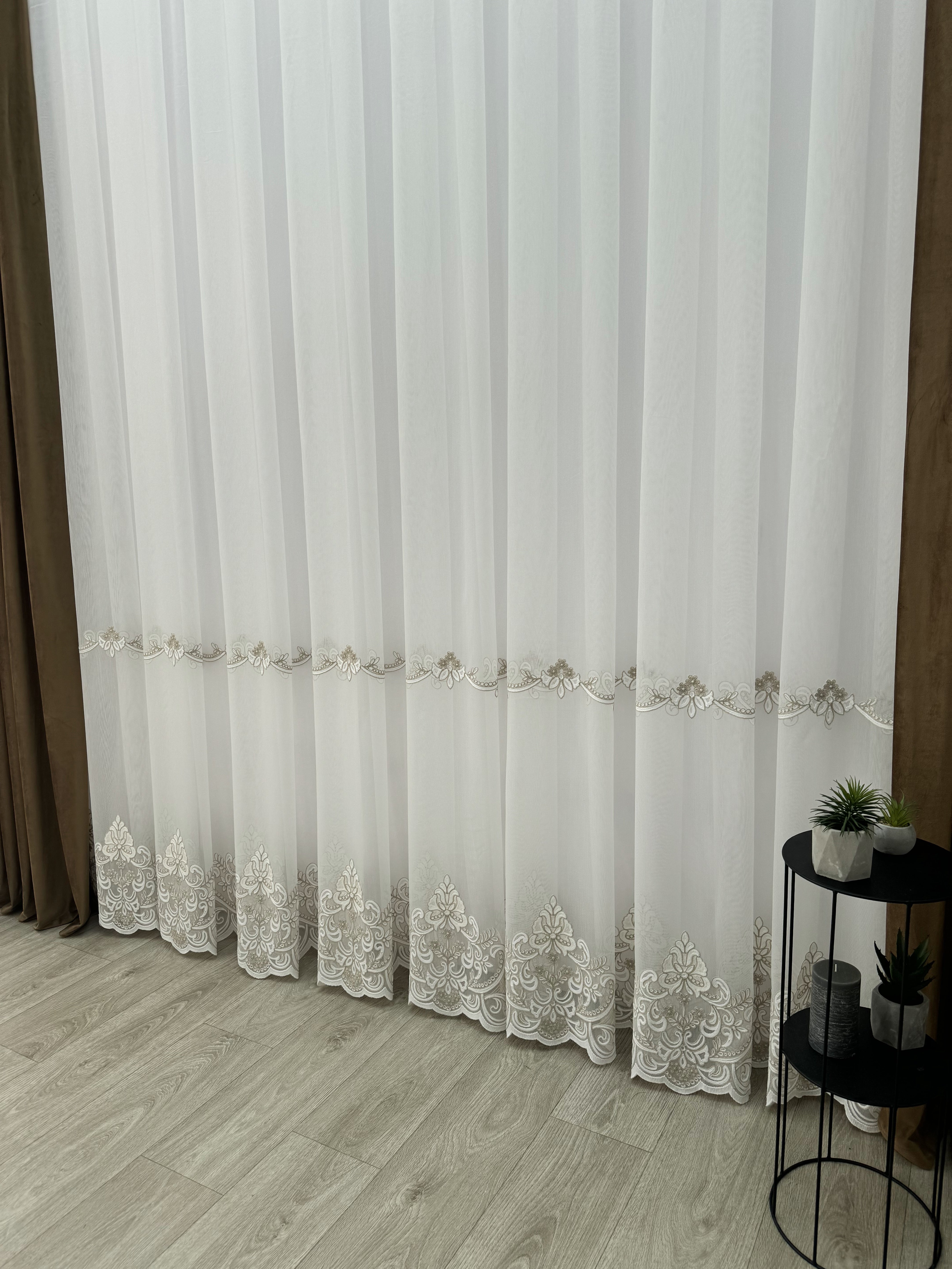 Sheer curtain with chenille embroidery on the bottom , milk with gold color