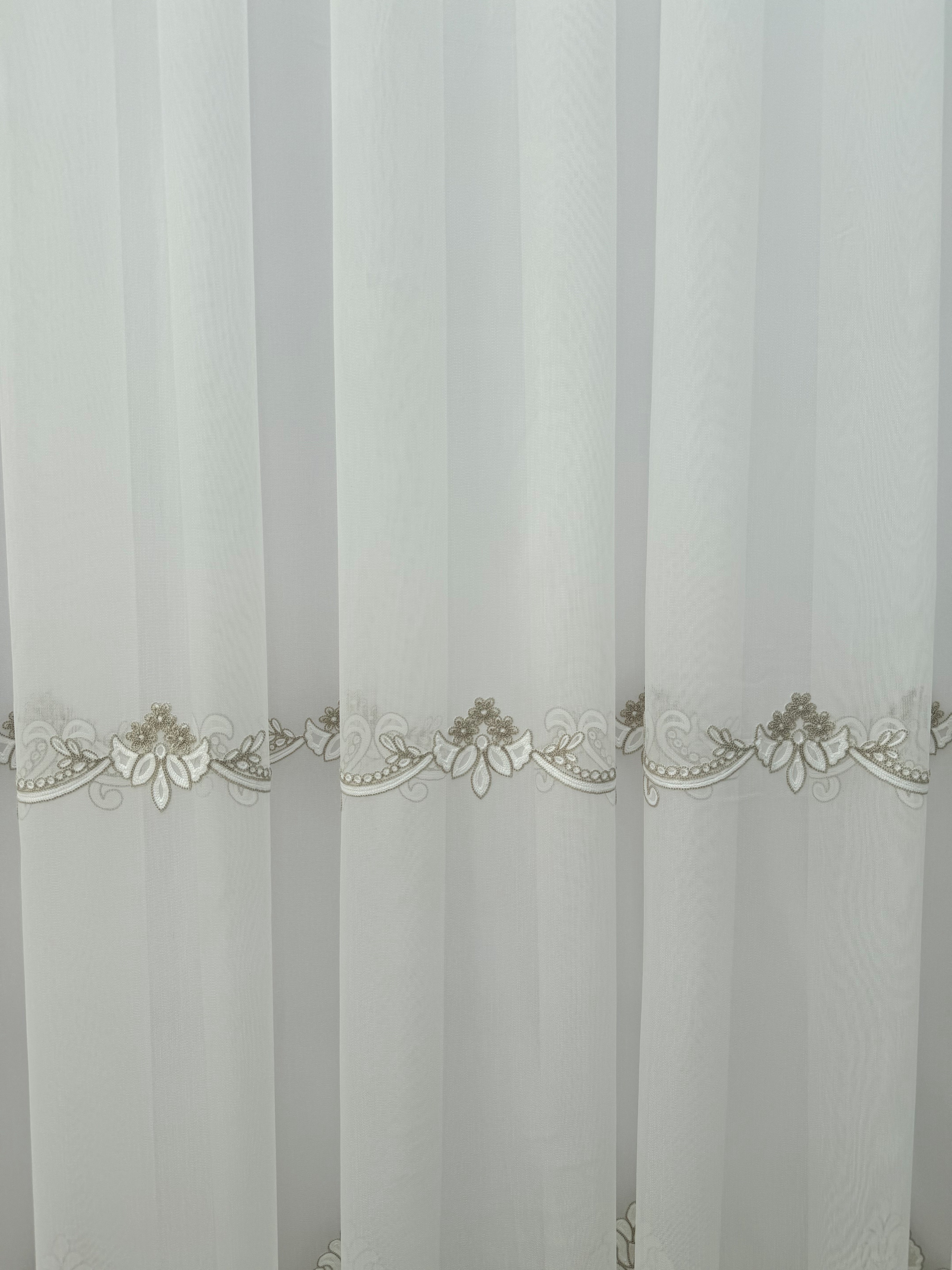 Sheer curtain with chenille embroidery on the bottom , milk with gold color