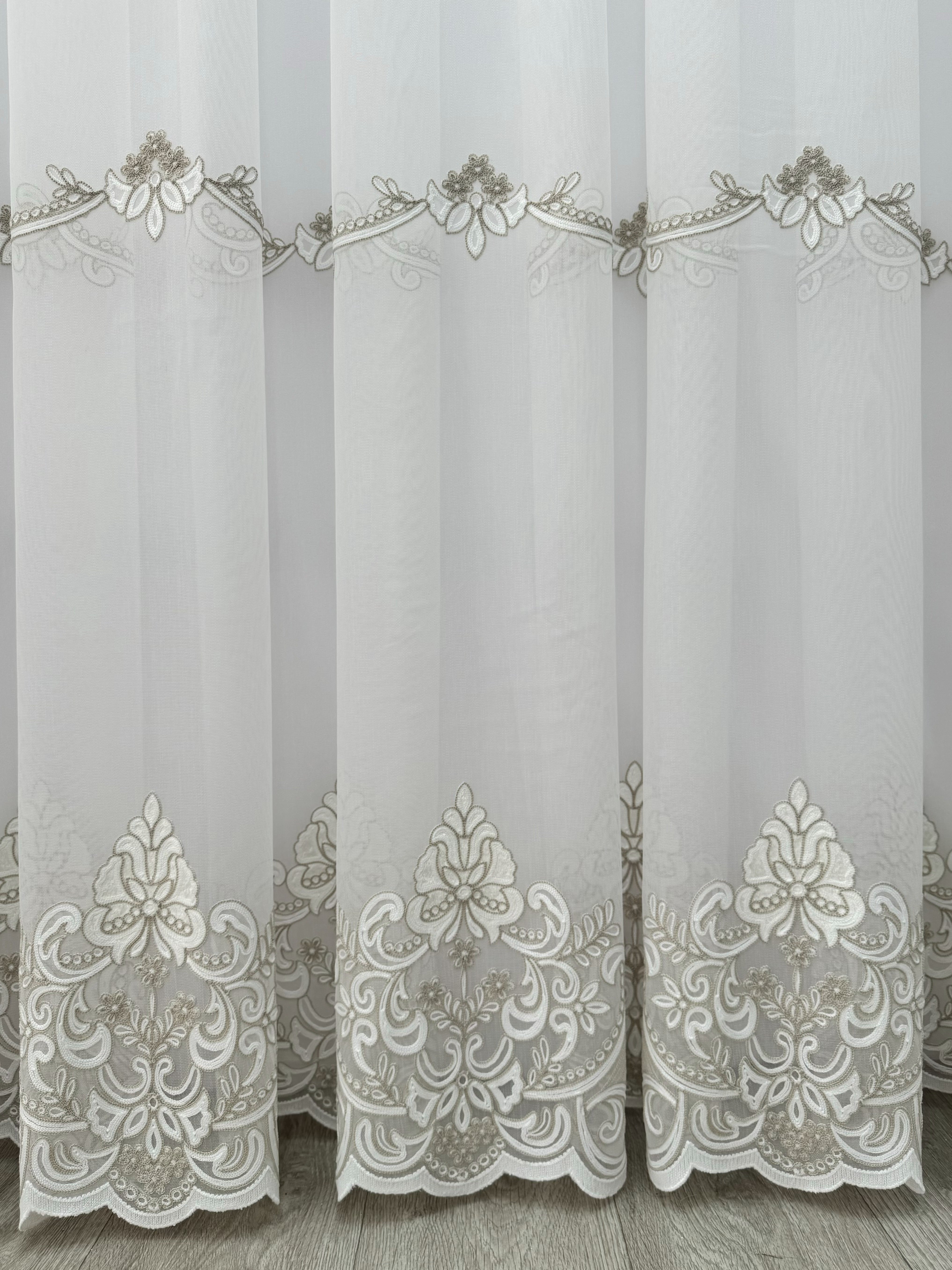 Sheer curtain with chenille embroidery on the bottom , milk with gold color