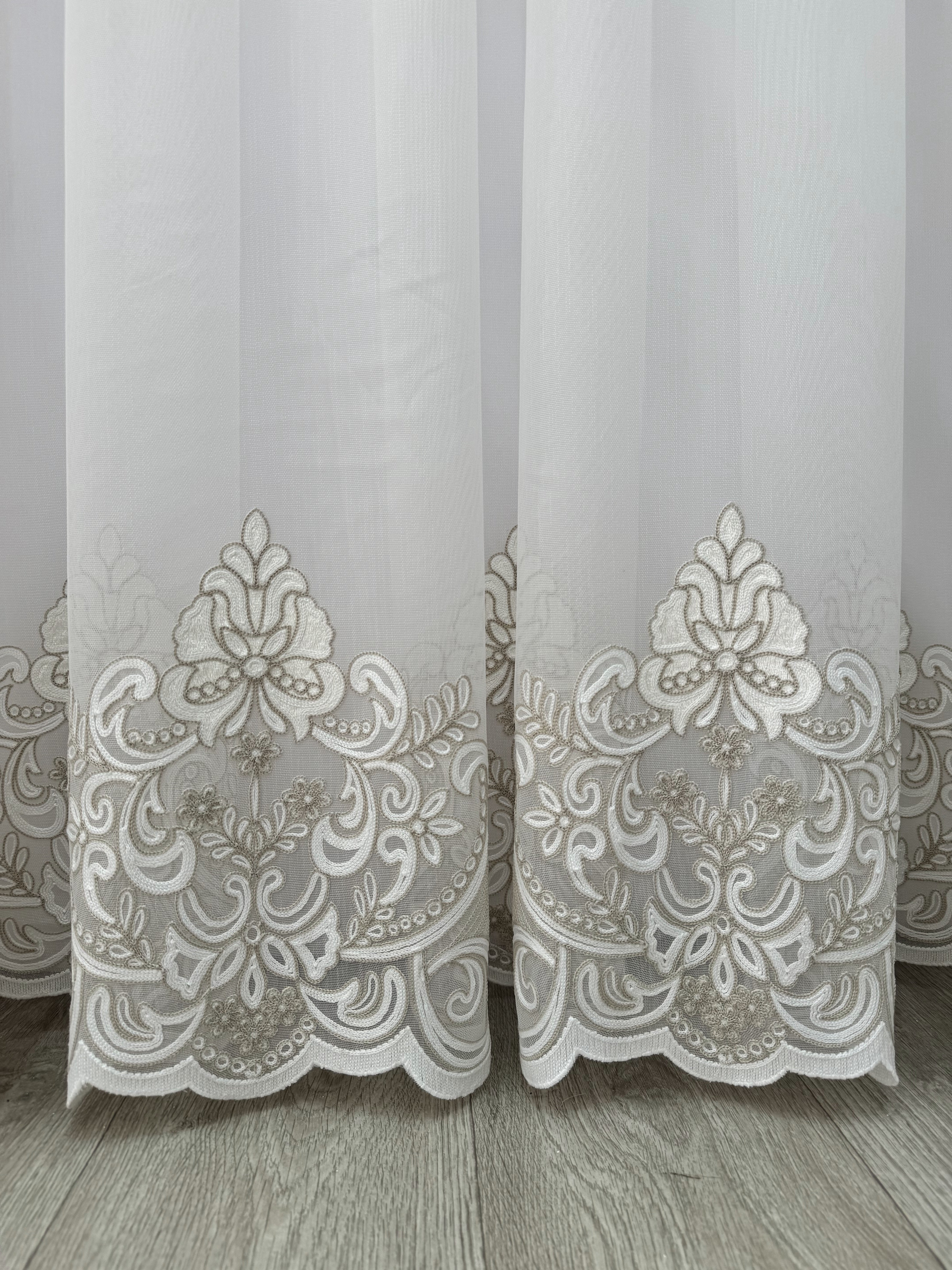 Sheer curtain with chenille embroidery on the bottom , milk with gold color