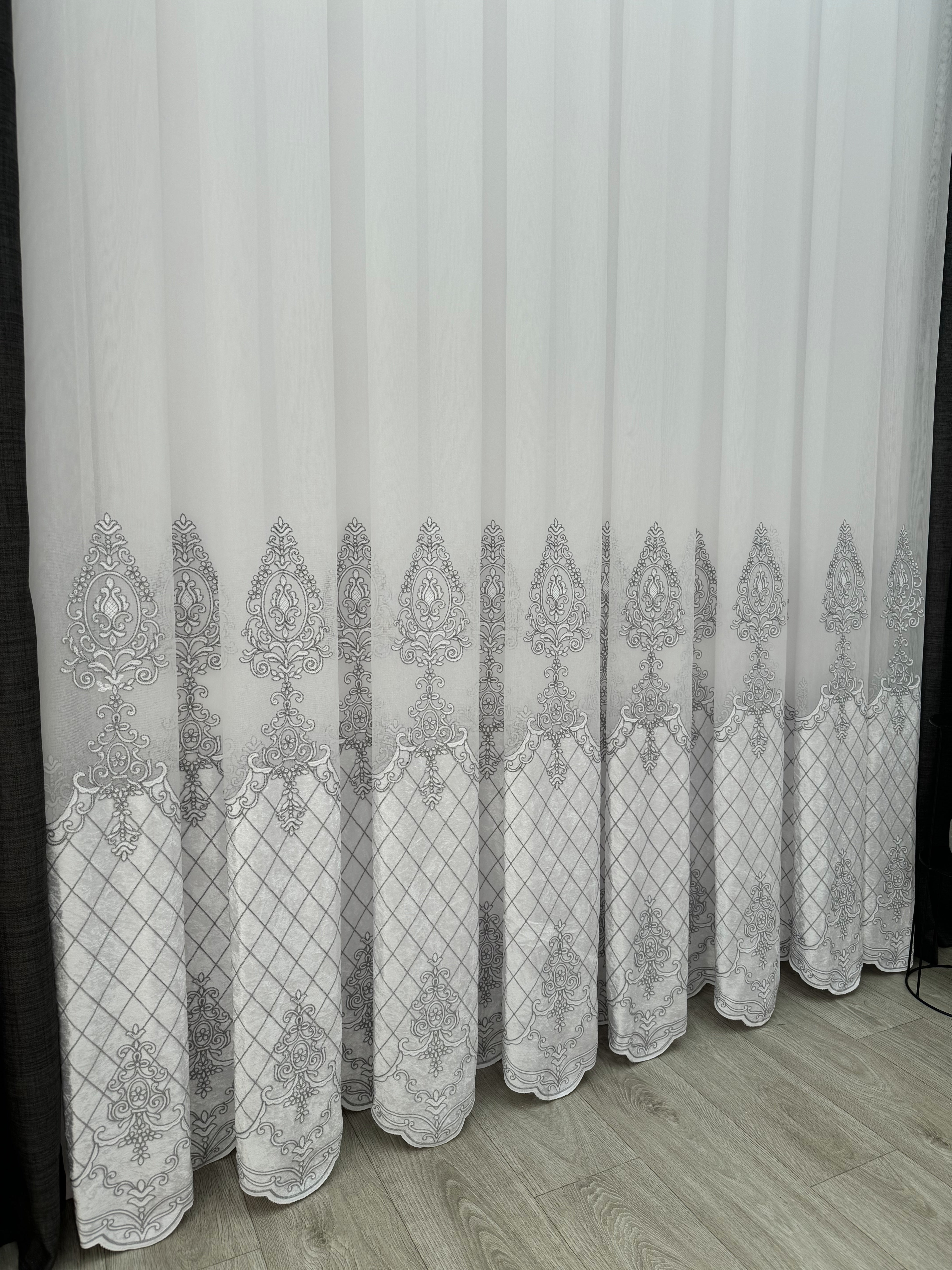 Sheer curtain with beautiful embroidery and velvet inserts, gray color