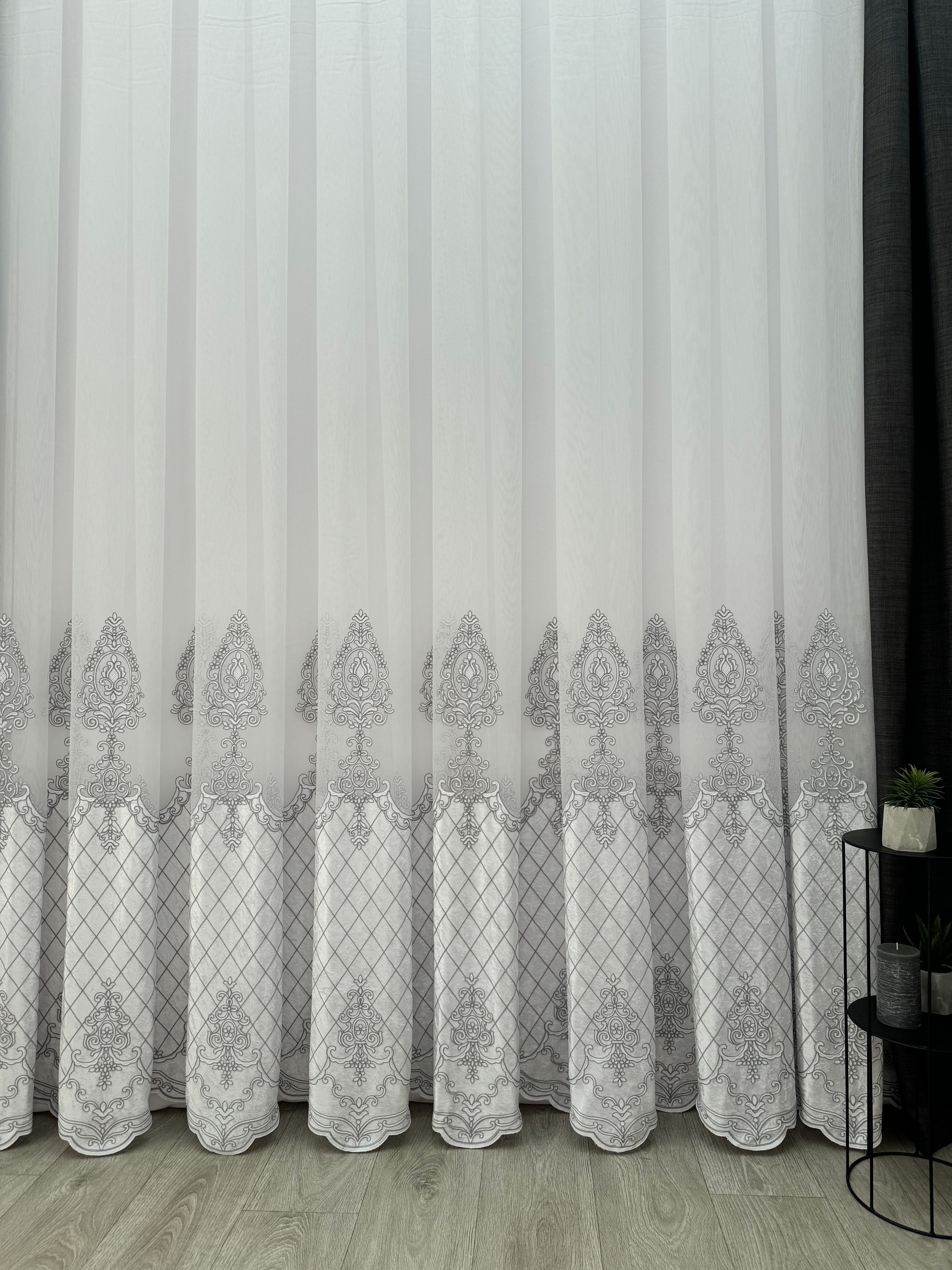 Sheer curtain with beautiful embroidery and velvet inserts, gray color