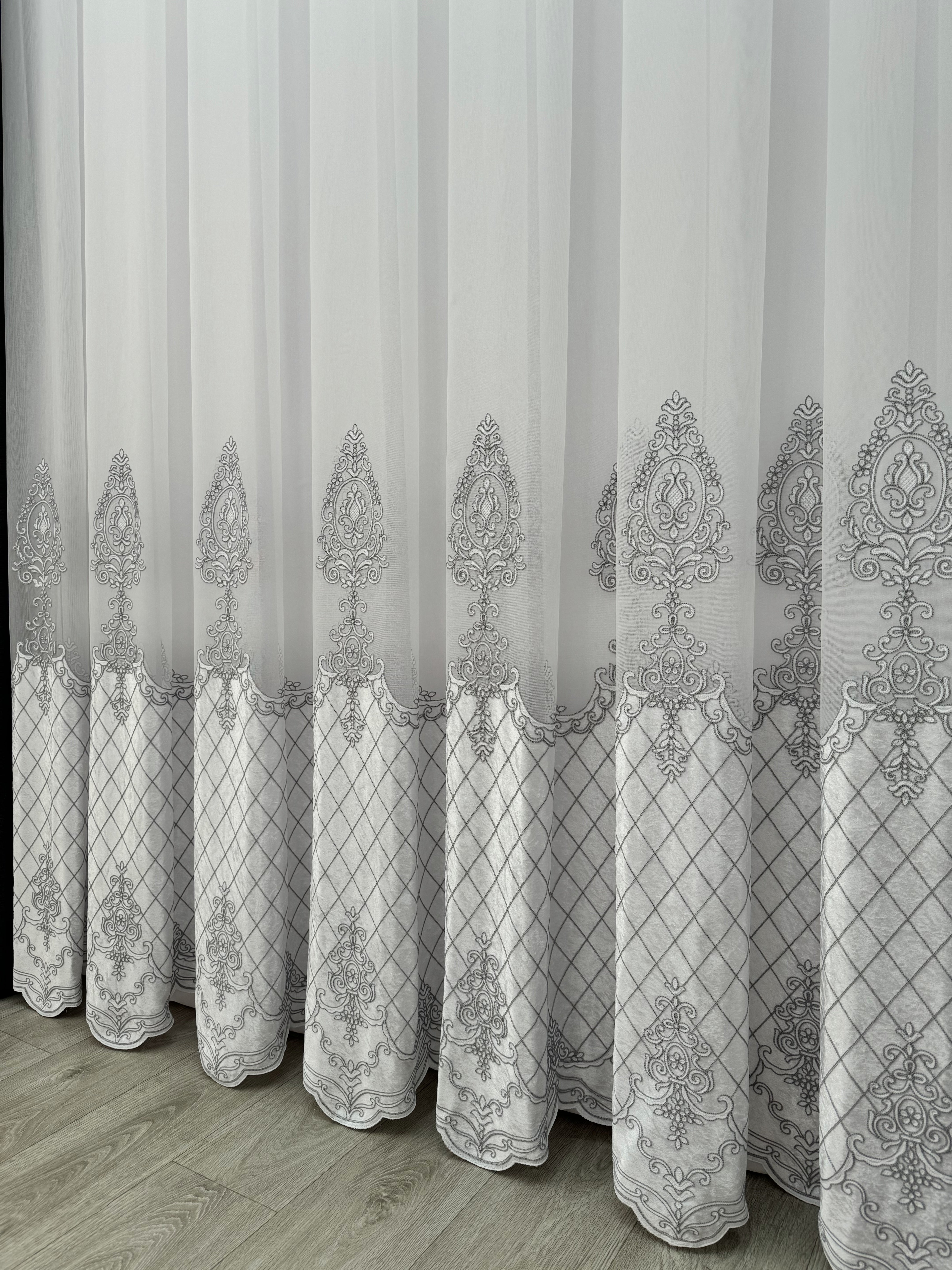 Sheer curtain with beautiful embroidery and velvet inserts, gray color