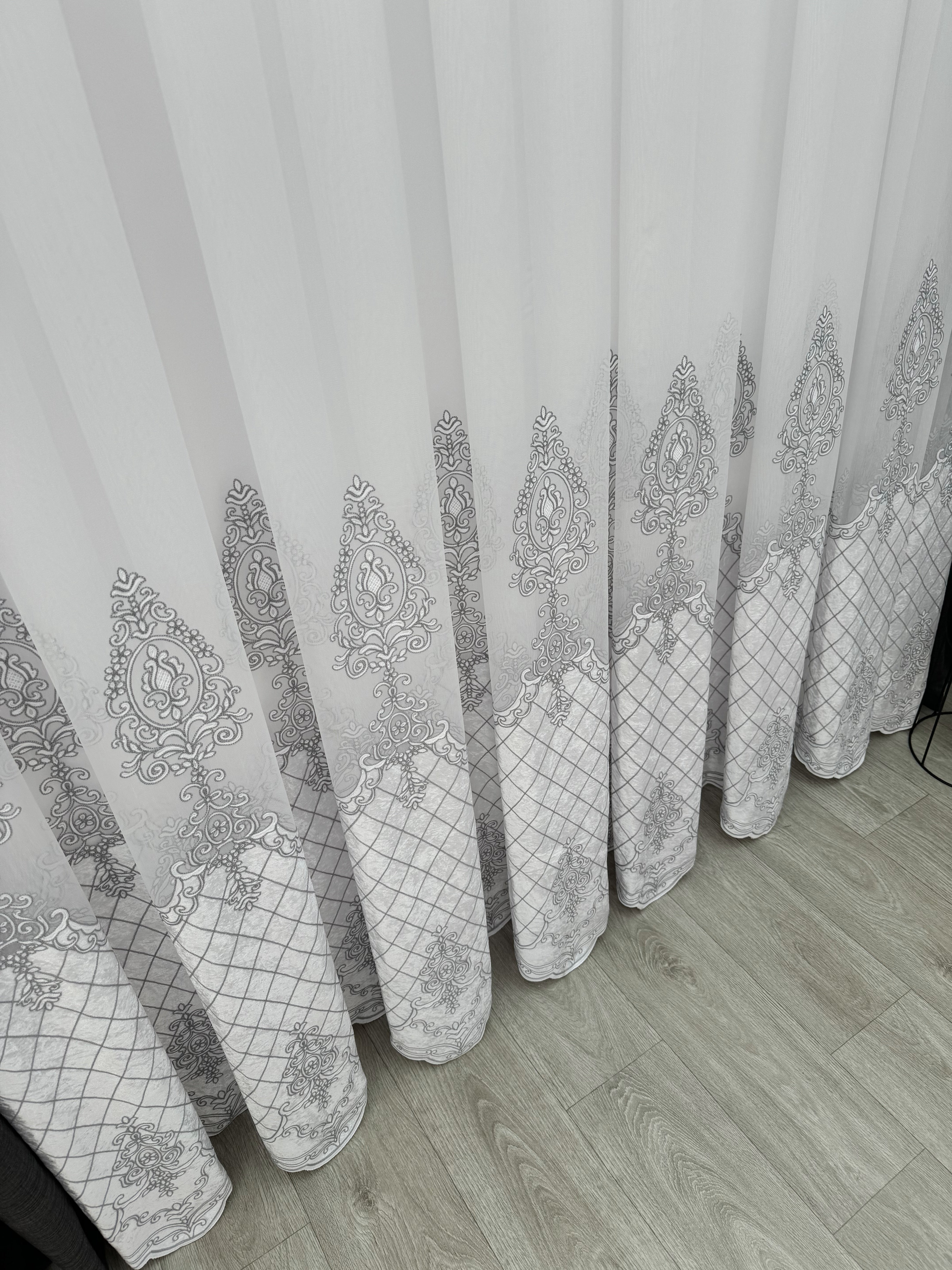 Sheer curtain with beautiful embroidery and velvet inserts, gray color