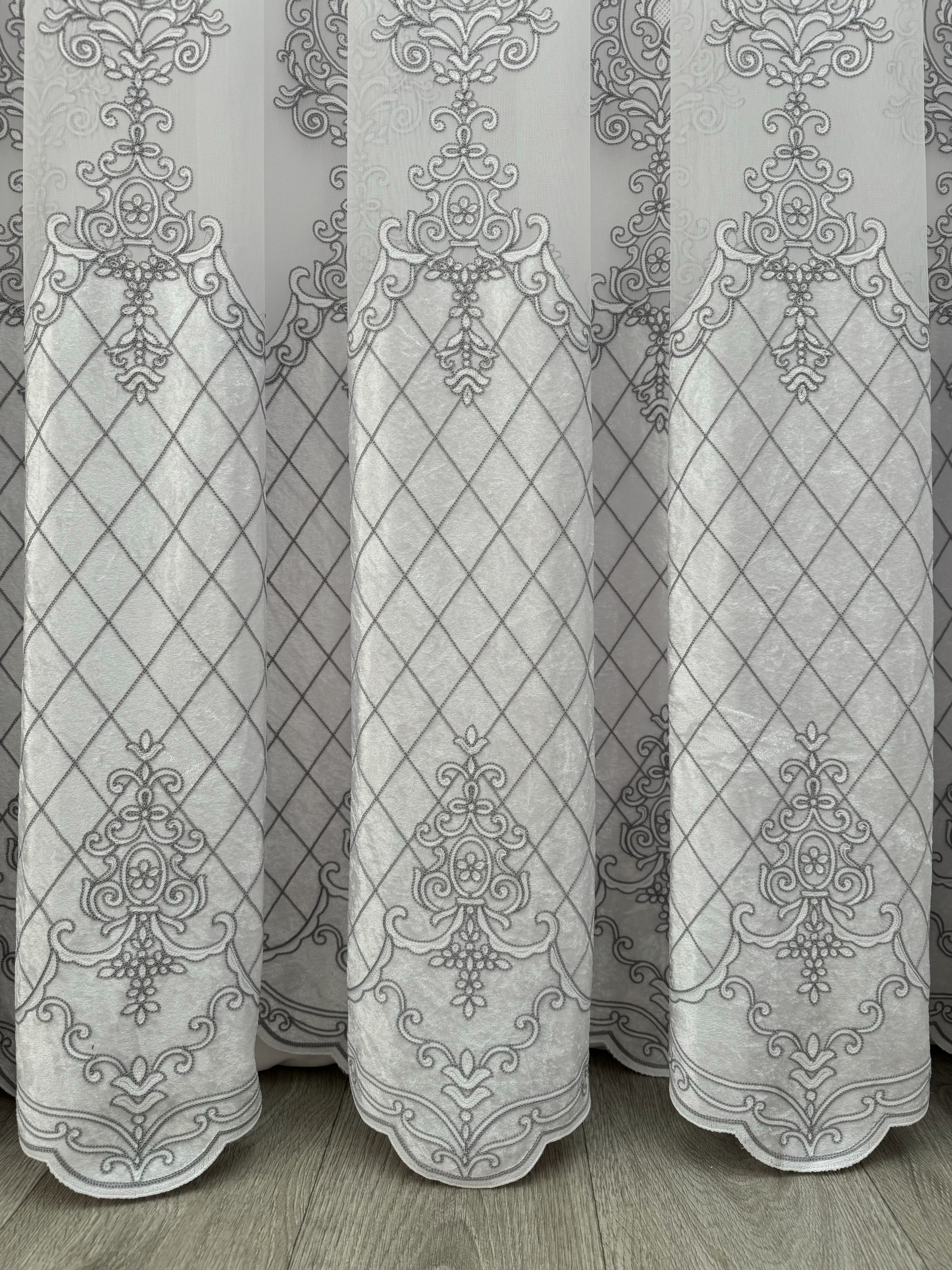 Sheer curtain with beautiful embroidery and velvet inserts, gray color