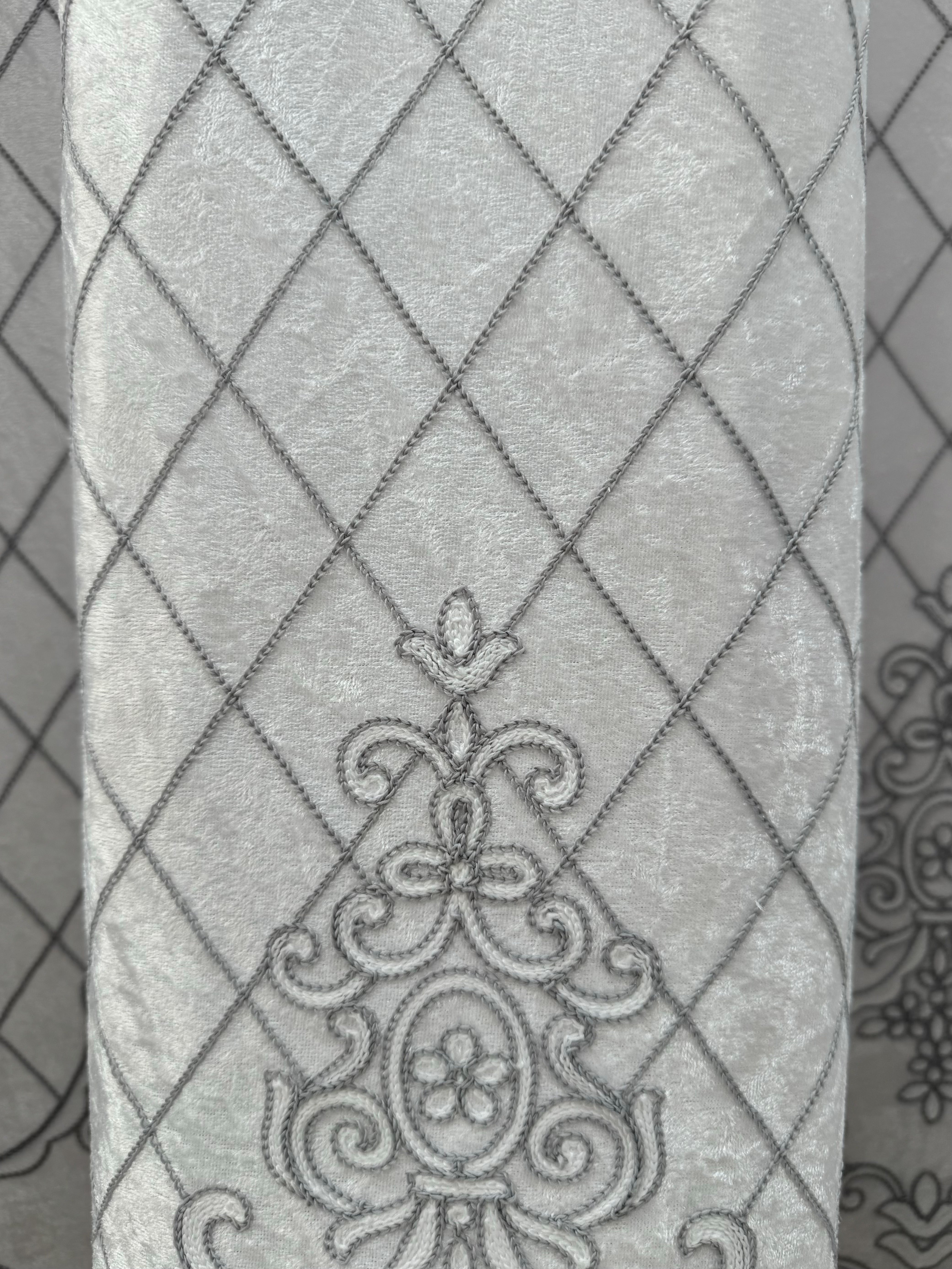 Sheer curtain with beautiful embroidery and velvet inserts, gray color