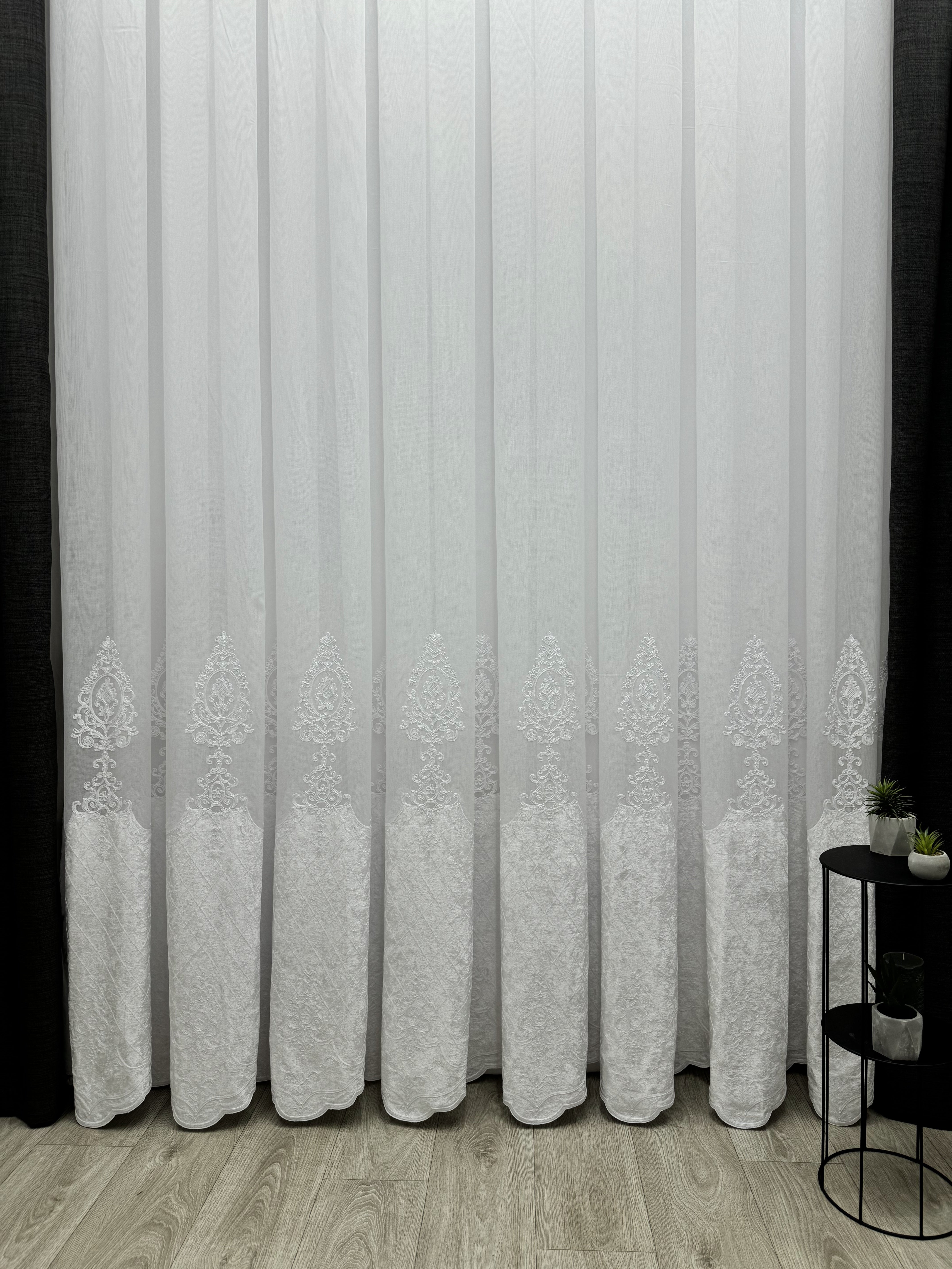 Sheer curtain with beautiful embroidery and velvet inserts, white color