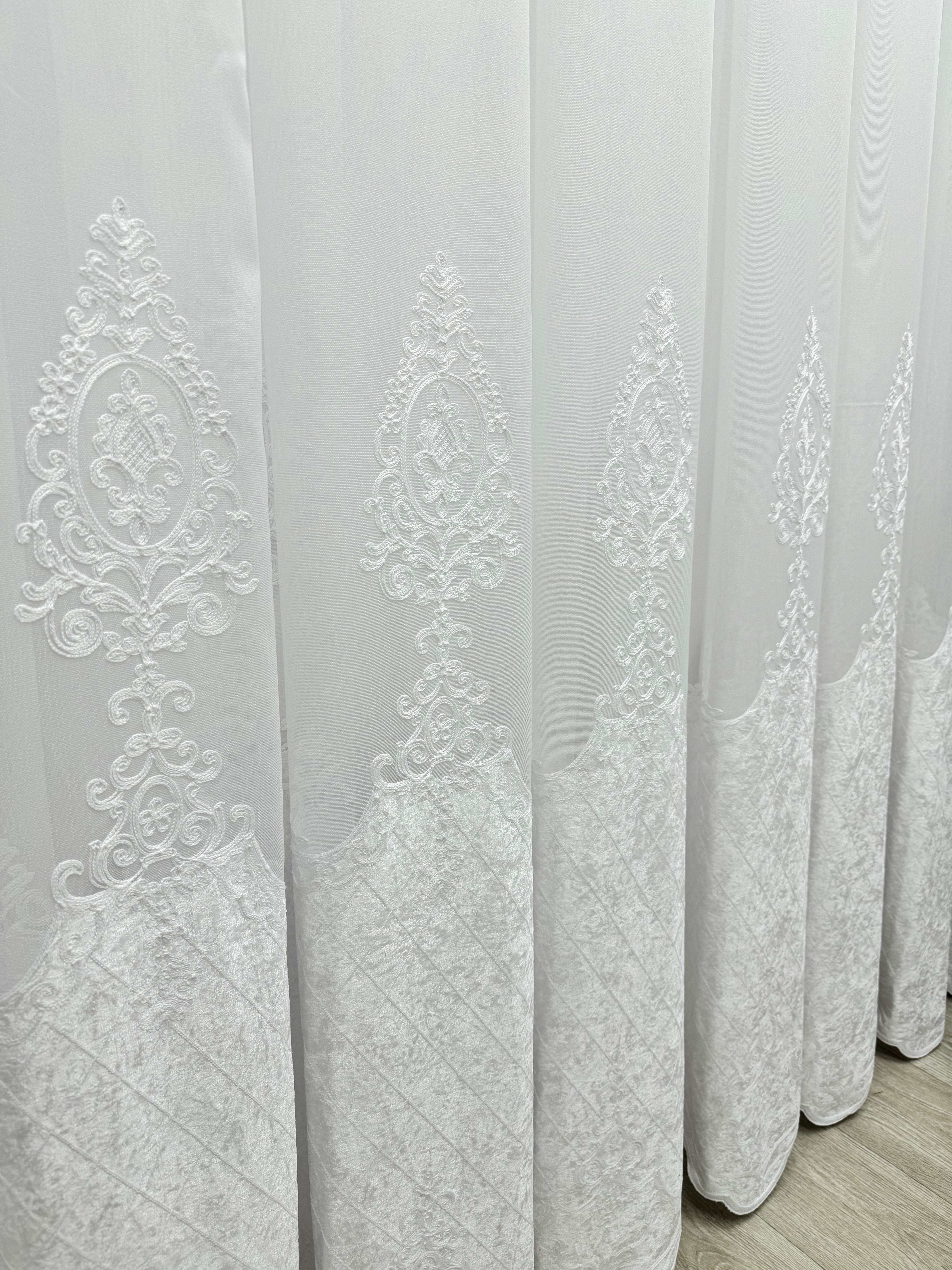 Sheer curtain with beautiful embroidery and velvet inserts, white color